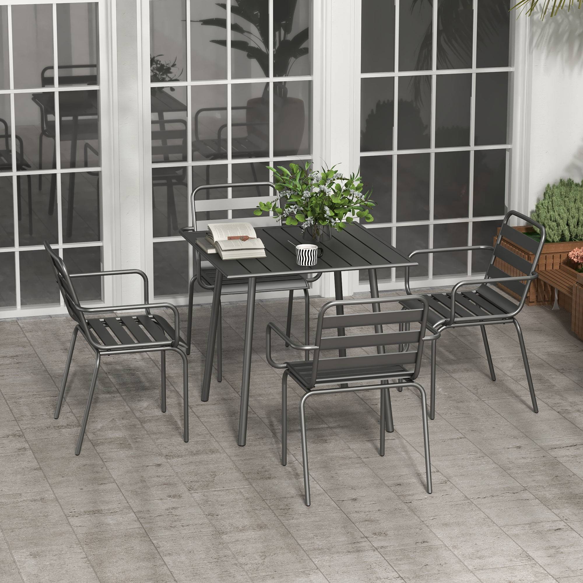 Outsunny - Salon de jardin 4 places 5 pièces - table à manger 4 chaises empilables - acier thermolaqué gris - Outsunny - Imagen 2