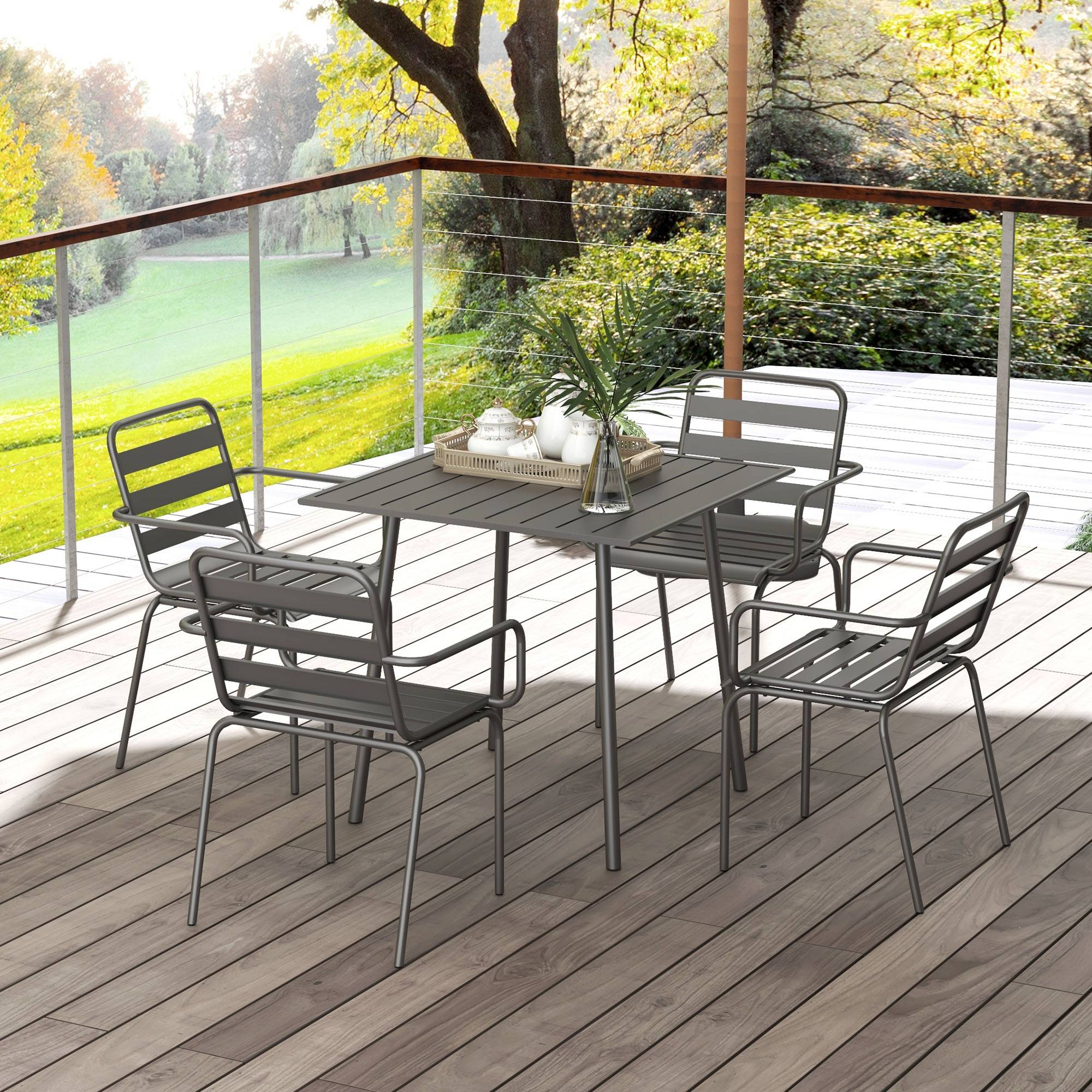 Outsunny - Salon de jardin 4 places 5 pièces - table à manger 4 chaises empilables - acier thermolaqué gris - Outsunny - Imagen 4