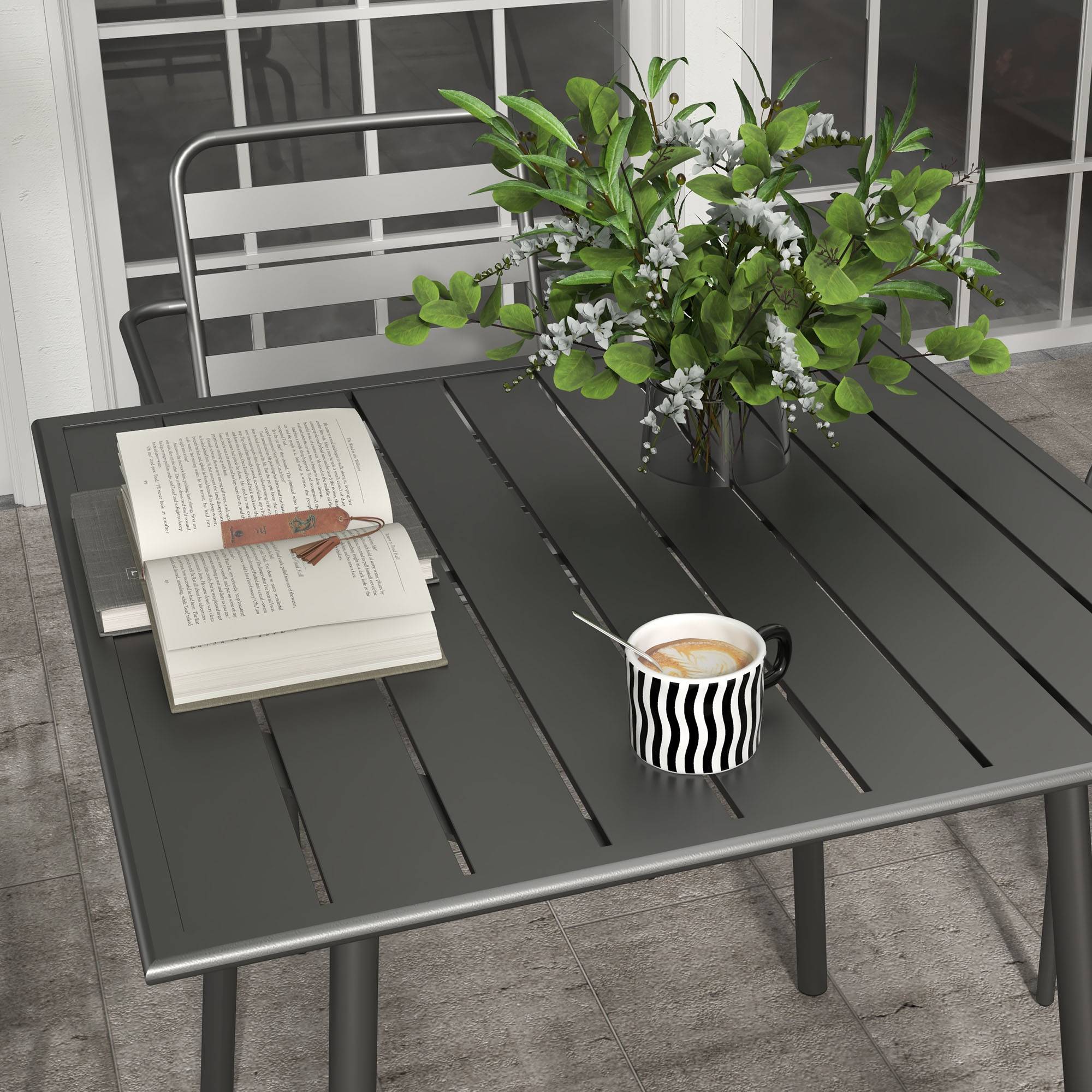 Outsunny - Salon de jardin 4 places 5 pièces - table à manger 4 chaises empilables - acier thermolaqué gris - Outsunny - Imagen 5