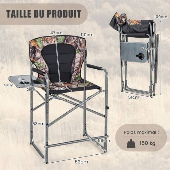 Helloshop26 - Chaise de camping pliante avec table latérale amovible charge 150 kg chaise de pêche avec porte-gobelet pour chasse randonnée - Imagen 4