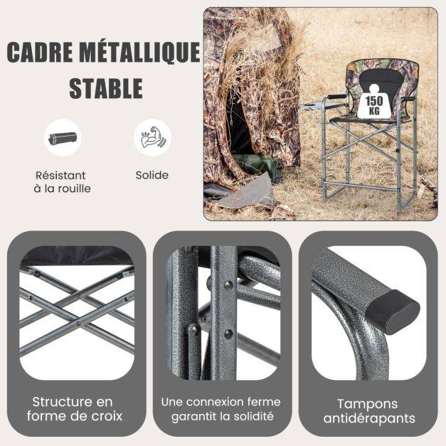 Helloshop26 - Chaise de camping pliante avec table latérale amovible charge 150 kg chaise de pêche avec porte-gobelet pour chasse randonnée - Imagen 3