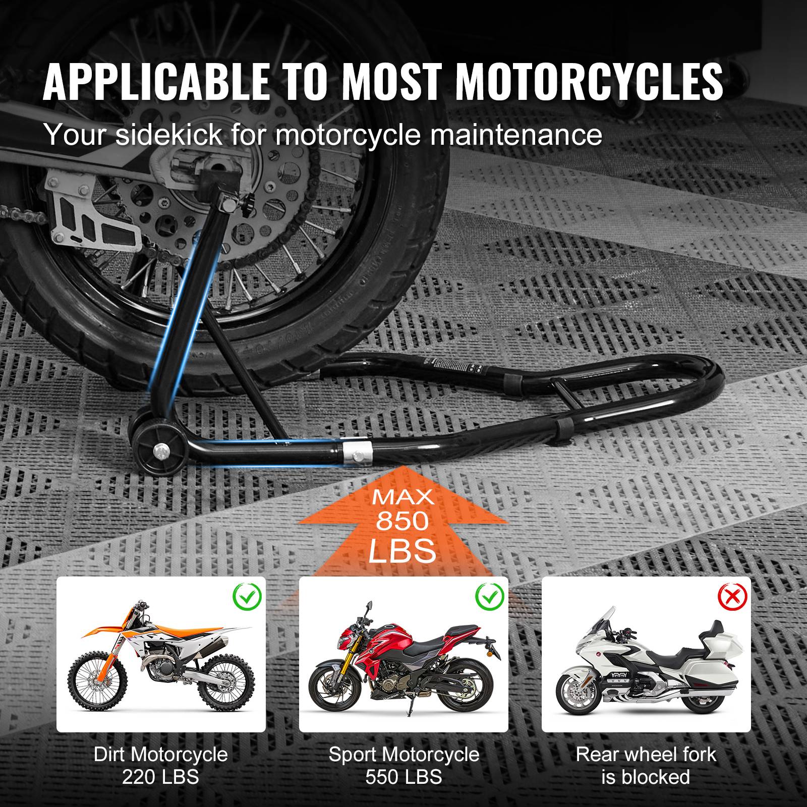VEVOR Béquille Moto Roue Arrière Charge 0,39 T, Bras Réglable, Compatible Roue Ø350 mm. - Image 4