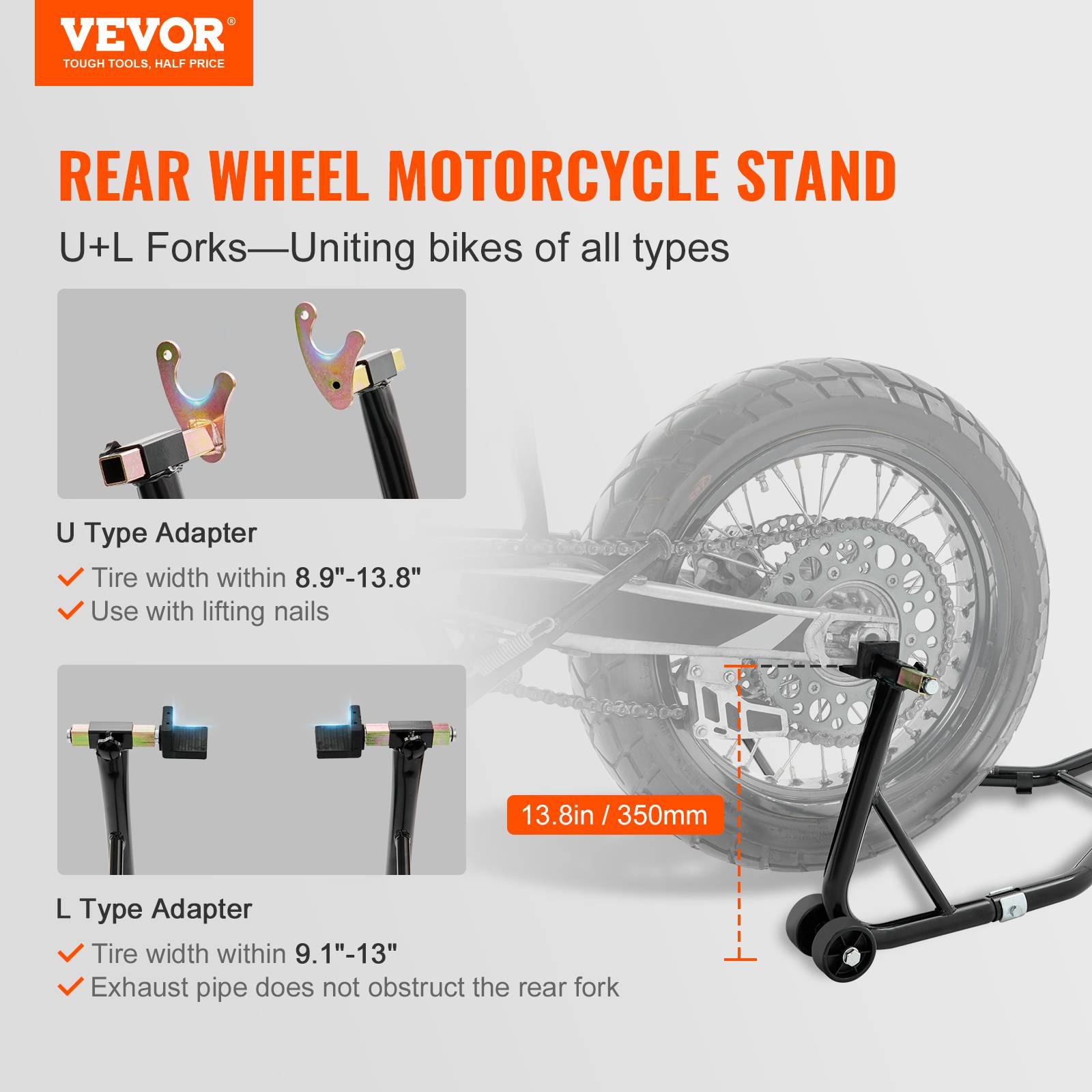 VEVOR Béquille Moto Roue Arrière Charge 0,39 T, Bras Réglable, Compatible Roue Ø350 mm. - Image 2