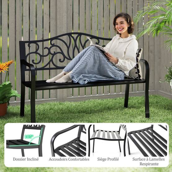 Maison Chic - Banc de Jardin Extérieur Meubles de Porche en Fonte avec Dossier à Motif Floral et Siège à Lattes - Image 5