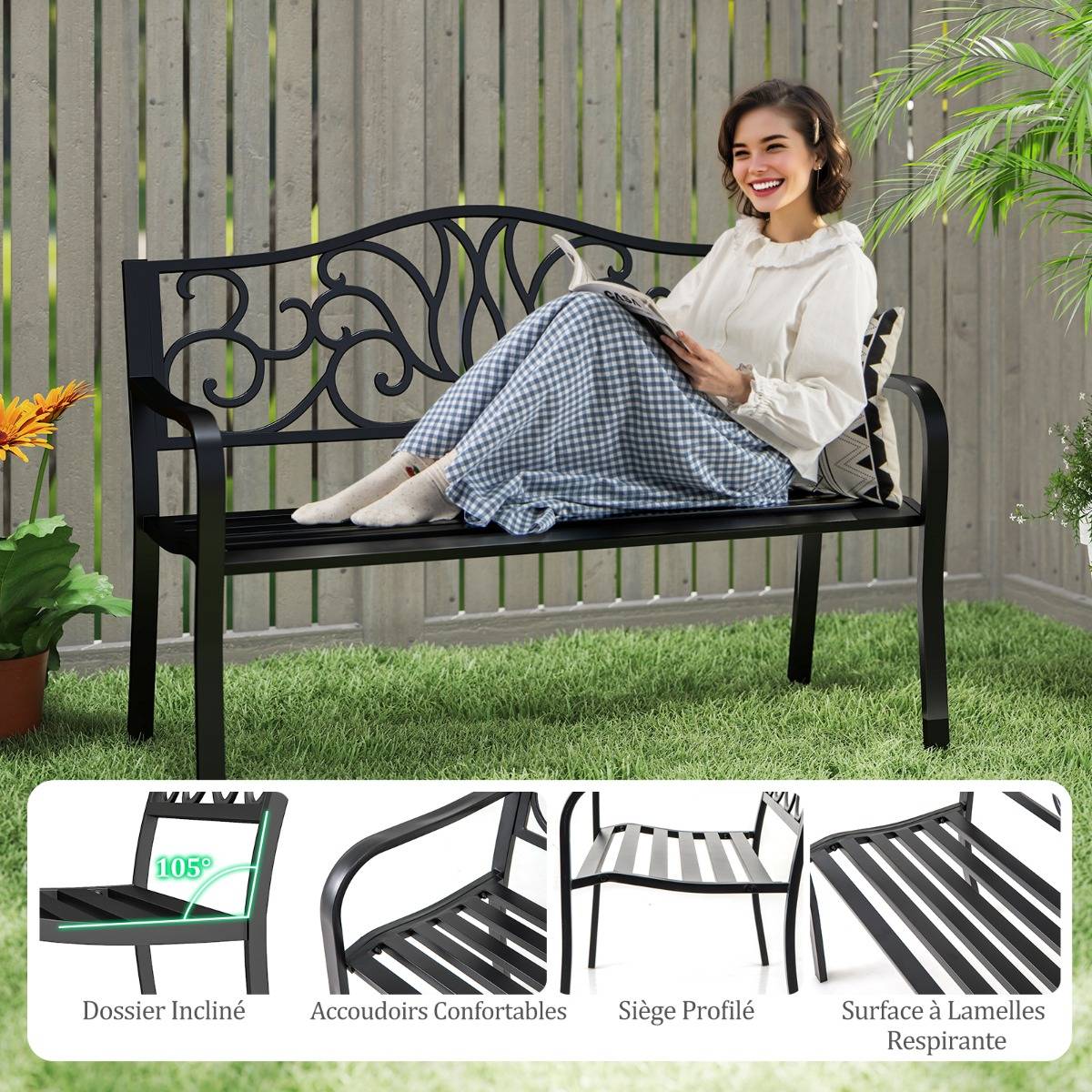 Maison Chic - Banc de Jardin Extérieur Meubles de Porche en Fonte avec Dossier à Motif Floral et Siège à Lattes - Image 5