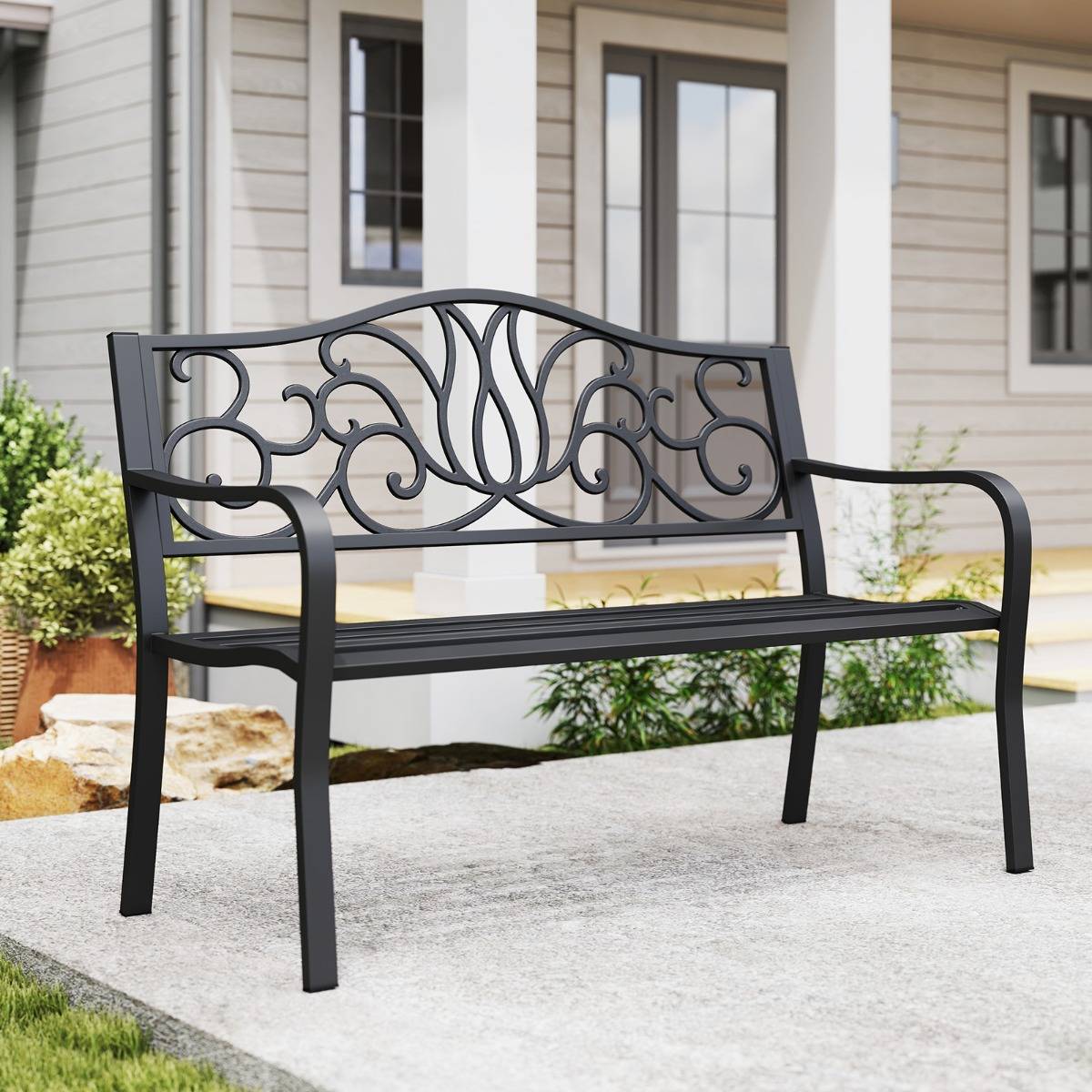 Maison Chic - Banc de Jardin Extérieur Meubles de Porche en Fonte avec Dossier à Motif Floral et Siège à Lattes - Image 2