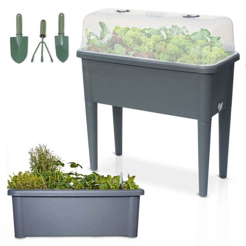 Carré potager sur pied plastique Gris avec couvercle 76x 66x37cm Jardinière surélevée - Image 1