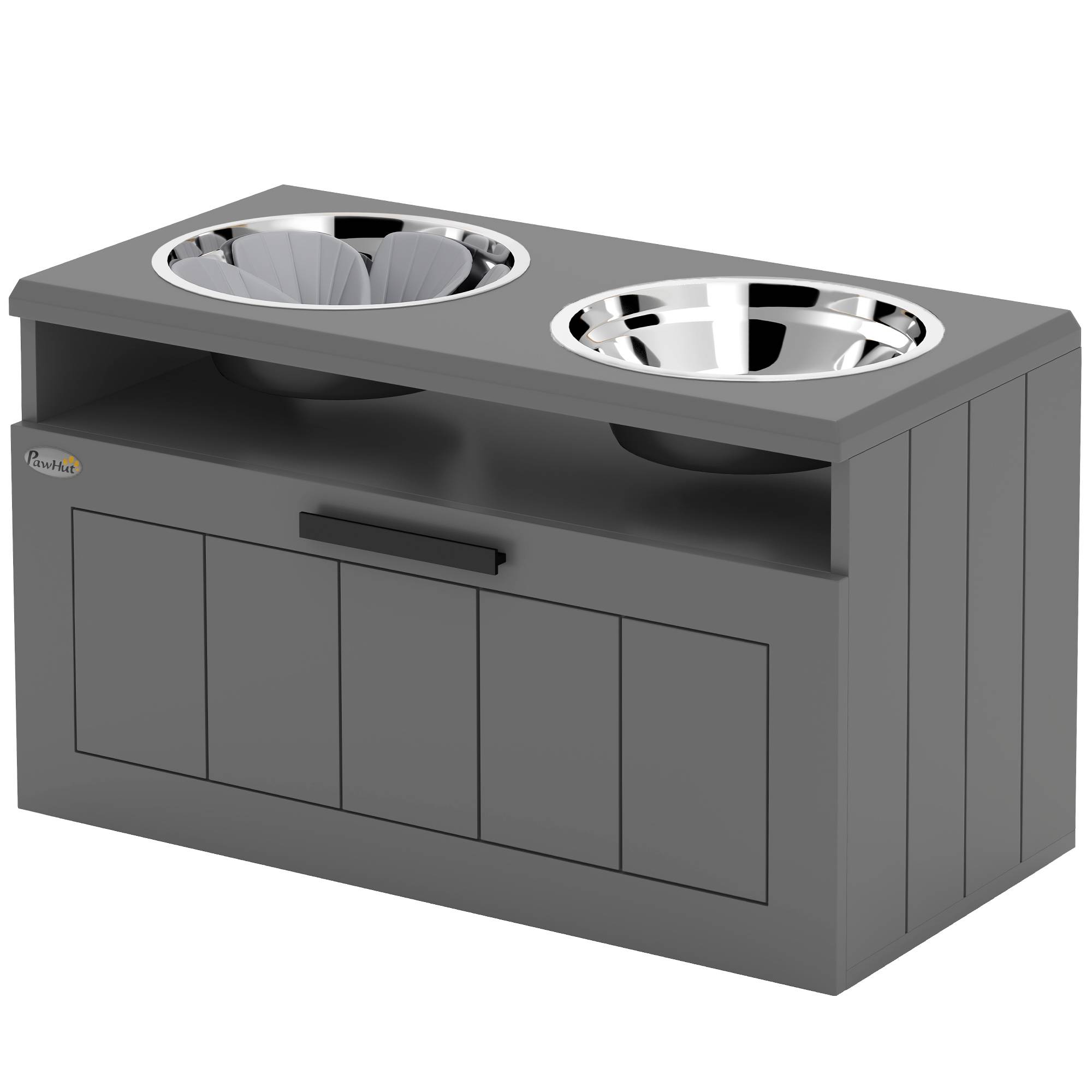 ComfortXL - Station repas grand chien surélevée MDF acier gris 60 x 30 x 35 cm 2 gamelles inox tiroir et bol anti-glouton - Image 2