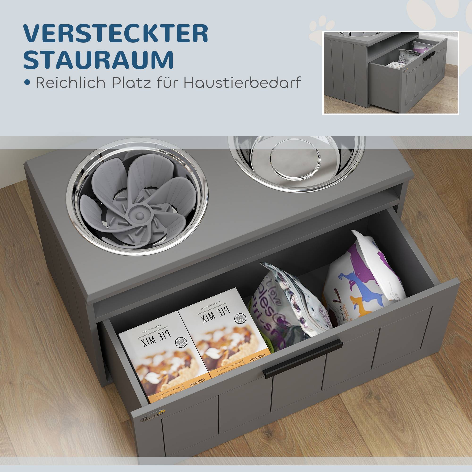 ComfortXL - Station repas grand chien surélevée MDF acier gris 60 x 30 x 35 cm 2 gamelles inox tiroir et bol anti-glouton - Image 6