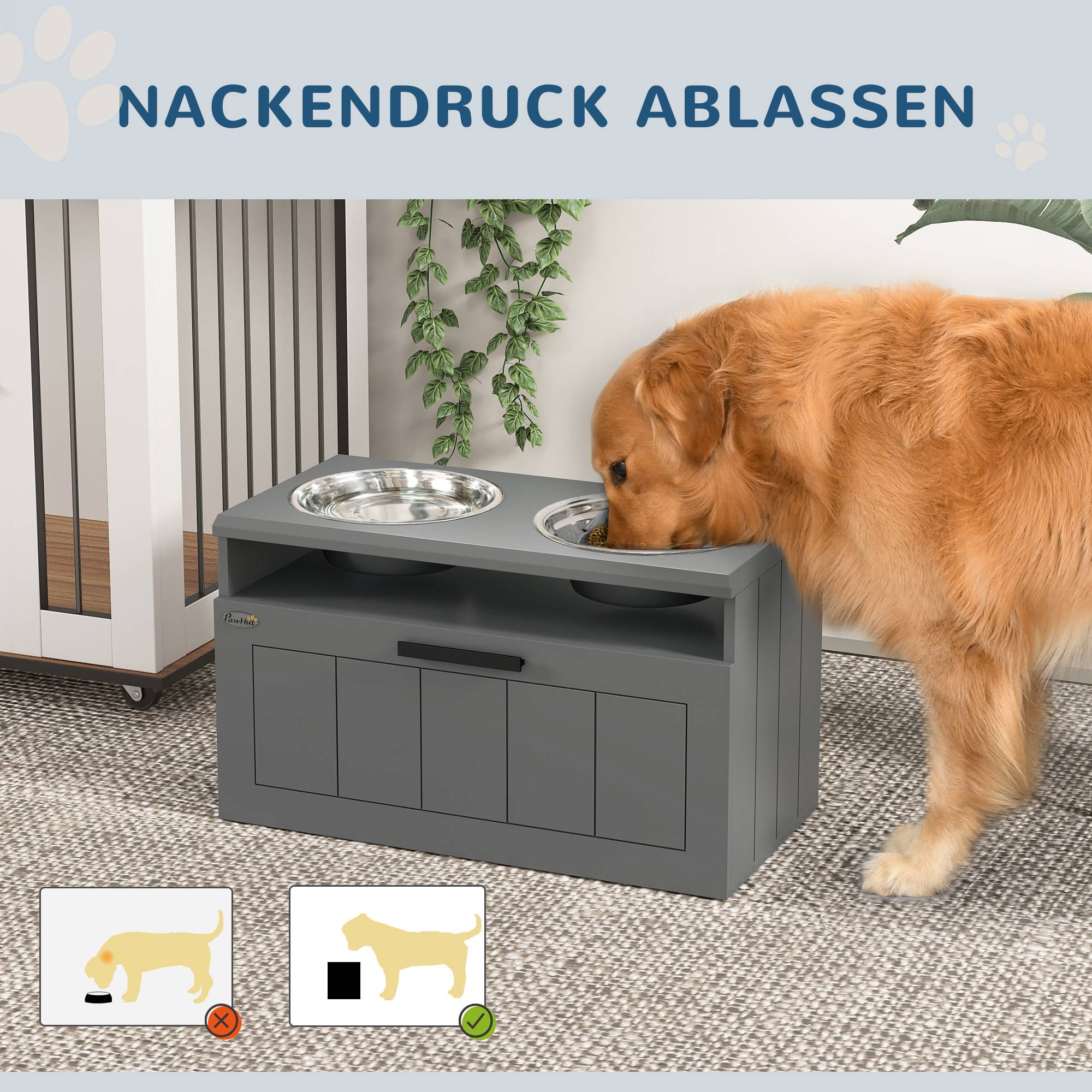 ComfortXL - Station repas grand chien surélevée MDF acier gris 60 x 30 x 35 cm 2 gamelles inox tiroir et bol anti-glouton - Image 5
