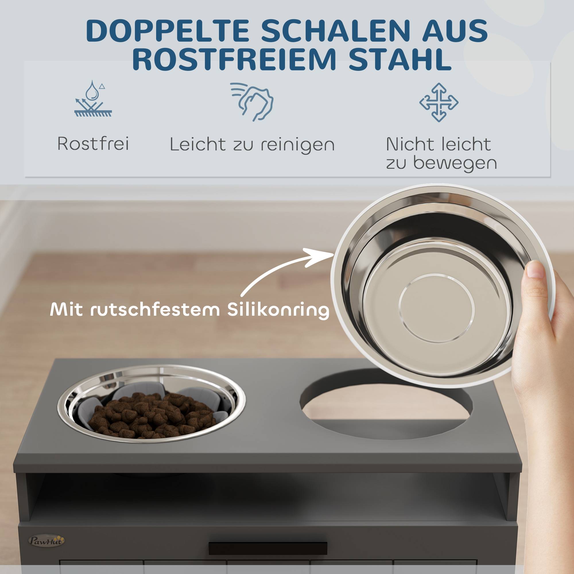 ComfortXL - Station repas grand chien surélevée MDF acier gris 60 x 30 x 35 cm 2 gamelles inox tiroir et bol anti-glouton - Image 7