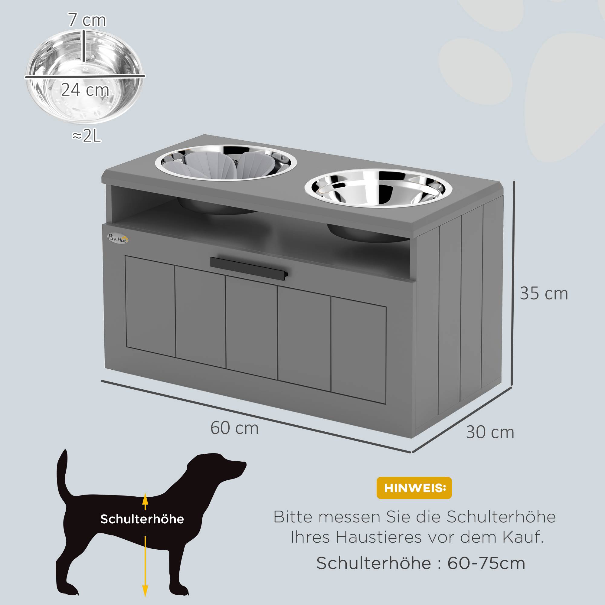 ComfortXL - Station repas grand chien surélevée MDF acier gris 60 x 30 x 35 cm 2 gamelles inox tiroir et bol anti-glouton - Image 3