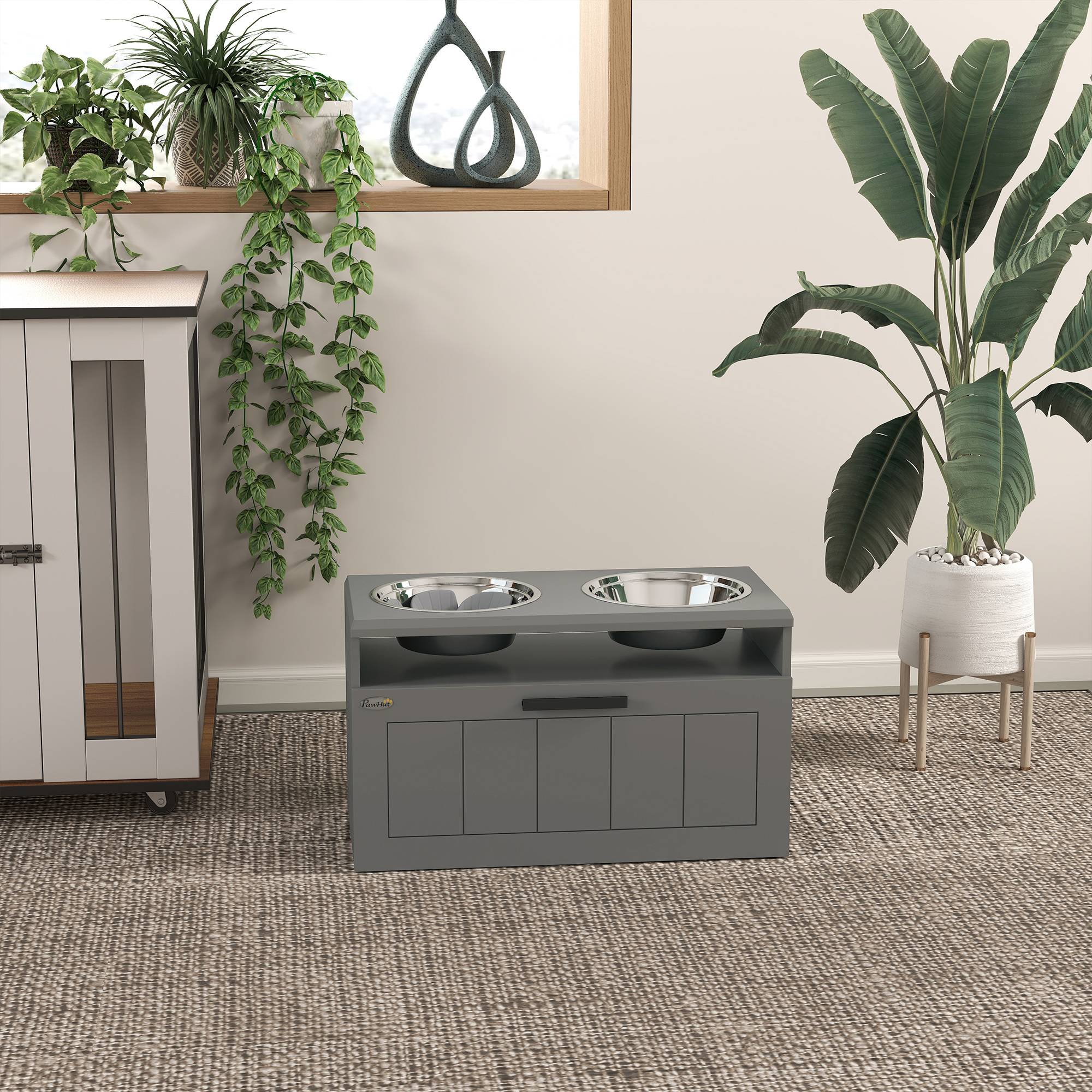 ComfortXL - Station repas grand chien surélevée MDF acier gris 60 x 30 x 35 cm 2 gamelles inox tiroir et bol anti-glouton - Image 8