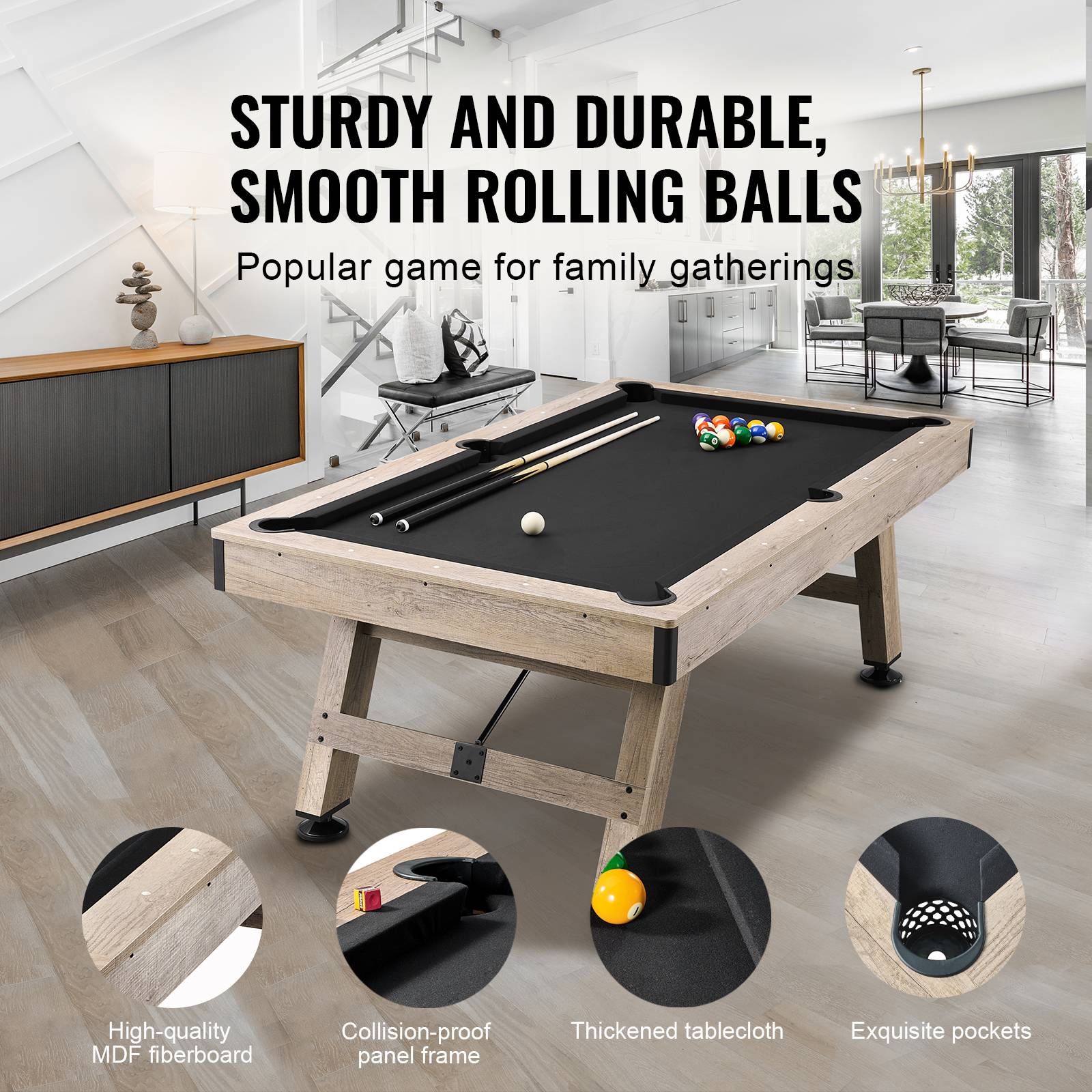 VEVOR Table billard 213.4cm pieds réglables, kit complet accessoires, couleur bois/tissu noir, pour maison/club. - Image 3