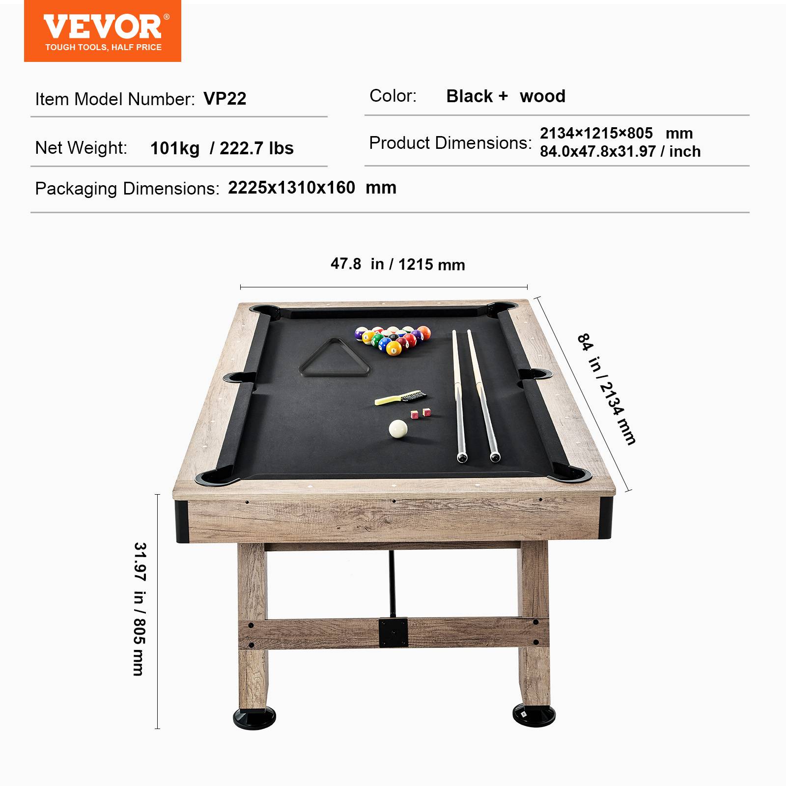 VEVOR Table billard 213.4cm pieds réglables, kit complet accessoires, couleur bois/tissu noir, pour maison/club. - Image 7