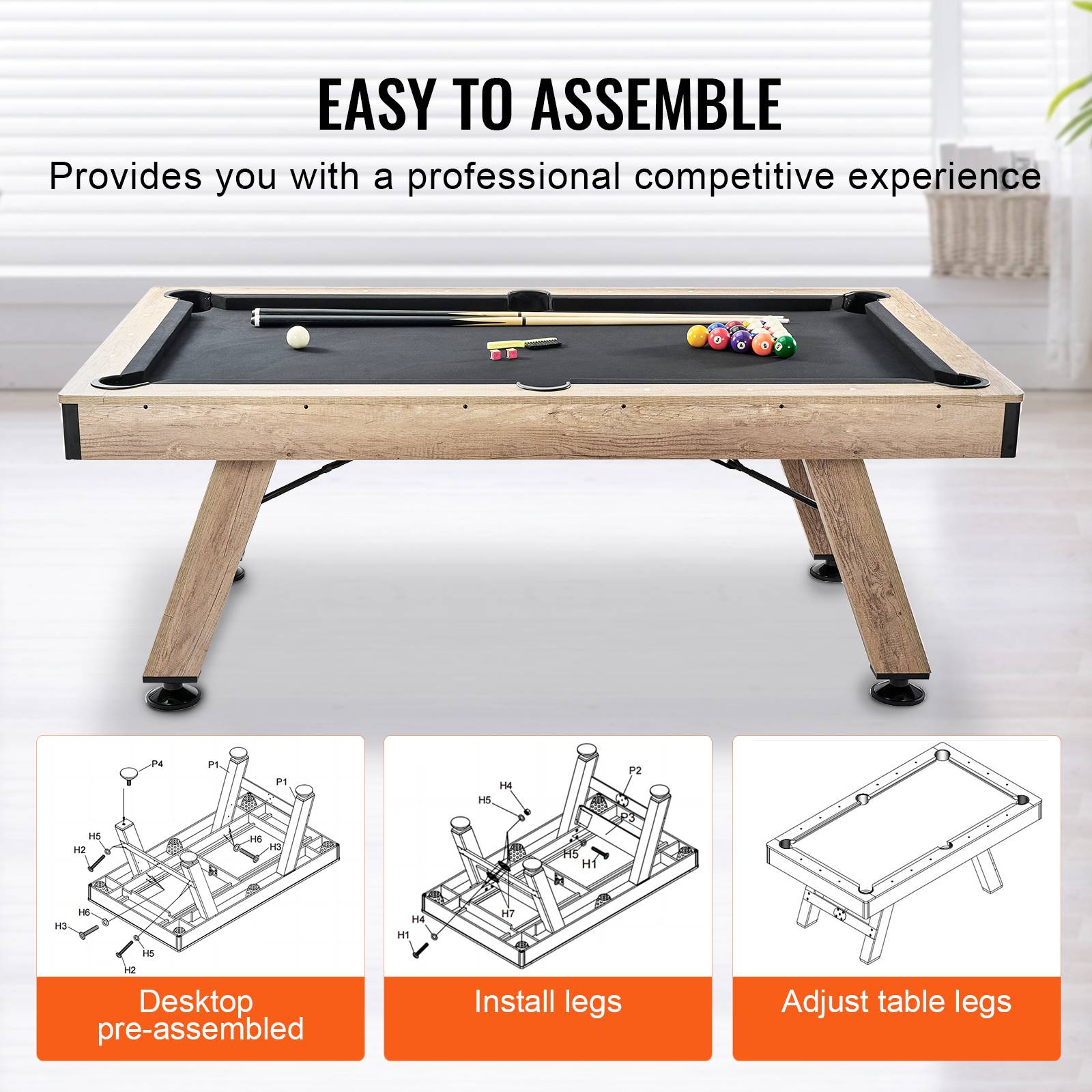 VEVOR Table billard 213.4cm pieds réglables, kit complet accessoires, couleur bois/tissu noir, pour maison/club. - Image 5