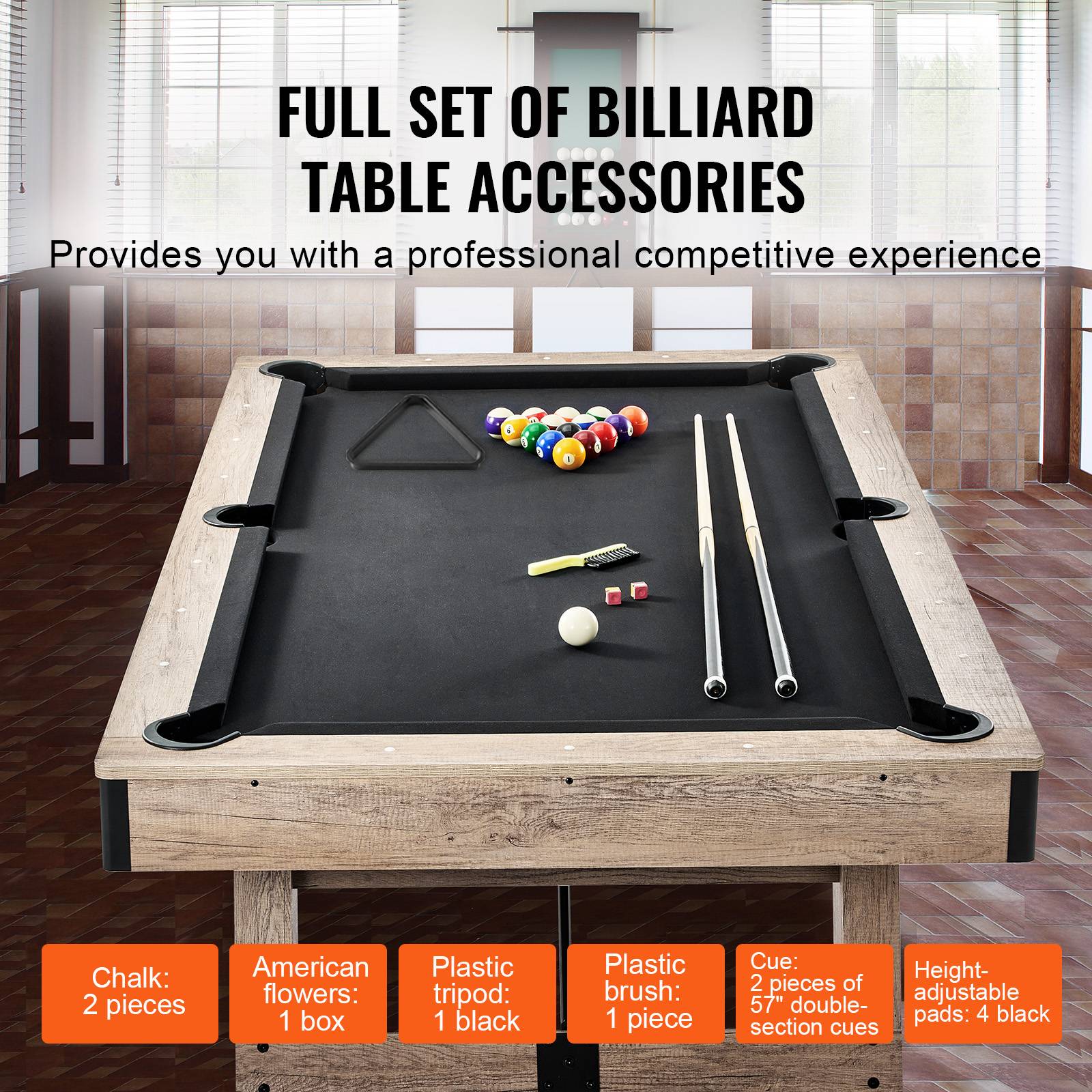 VEVOR Table billard 213.4cm pieds réglables, kit complet accessoires, couleur bois/tissu noir, pour maison/club. - Image 4