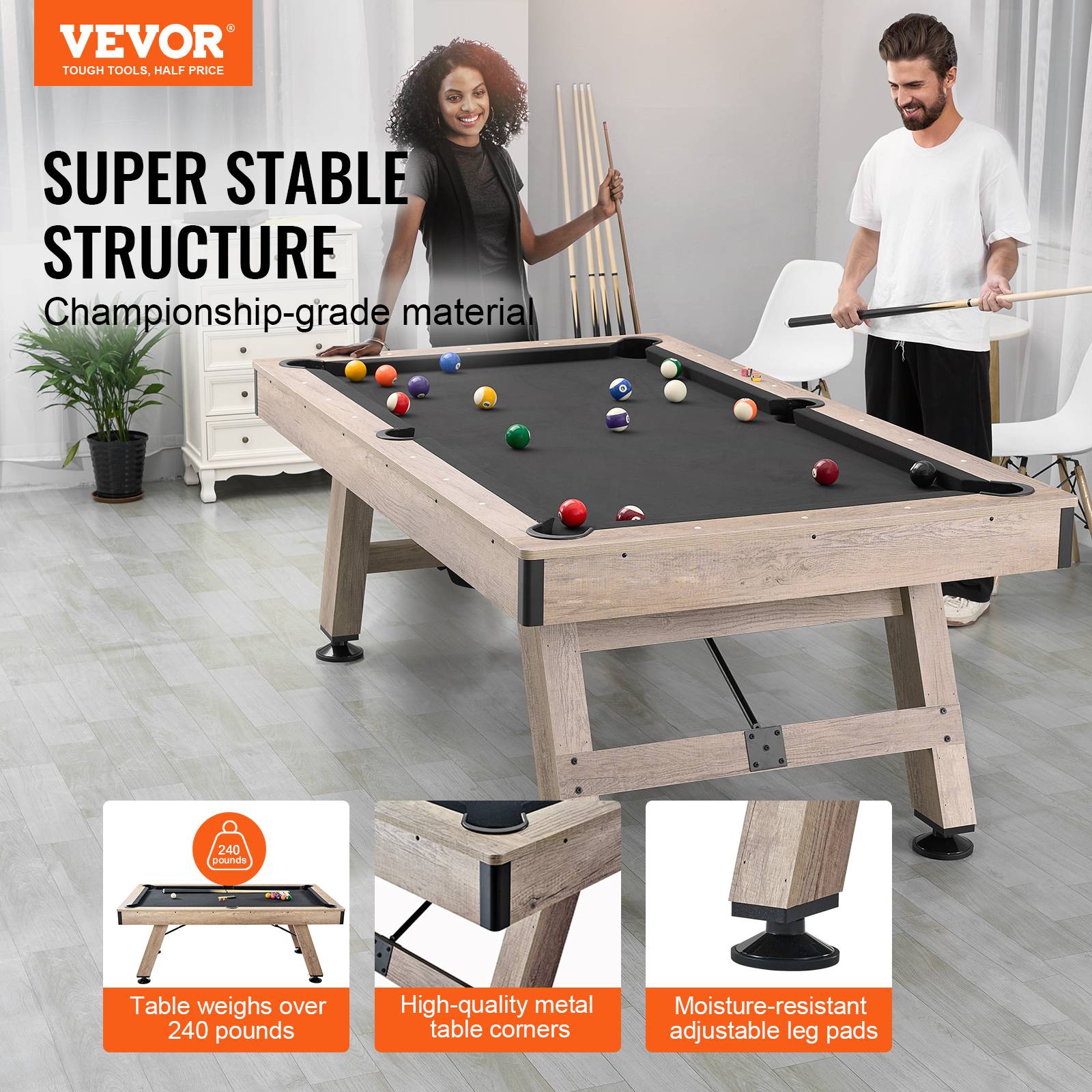 VEVOR Table billard 213.4cm pieds réglables, kit complet accessoires, couleur bois/tissu noir, pour maison/club. - Image 2