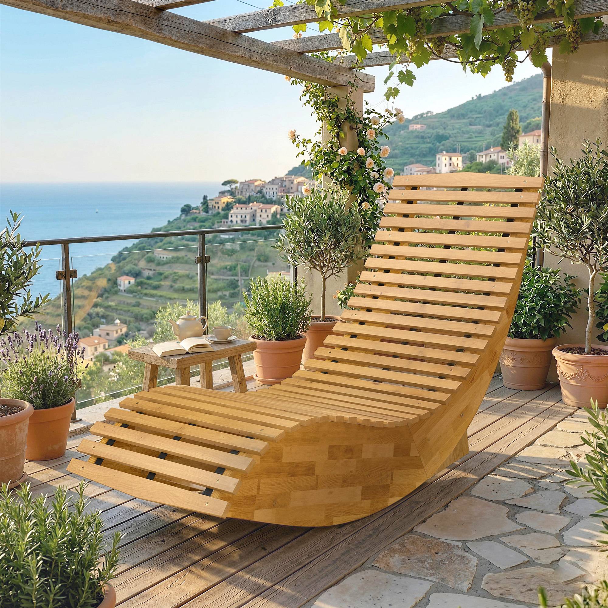 Chaise longue basculante bois acacia jardin extérieur pliable 156x60cm nature - ComfortXL Outdoor Living - Image 4