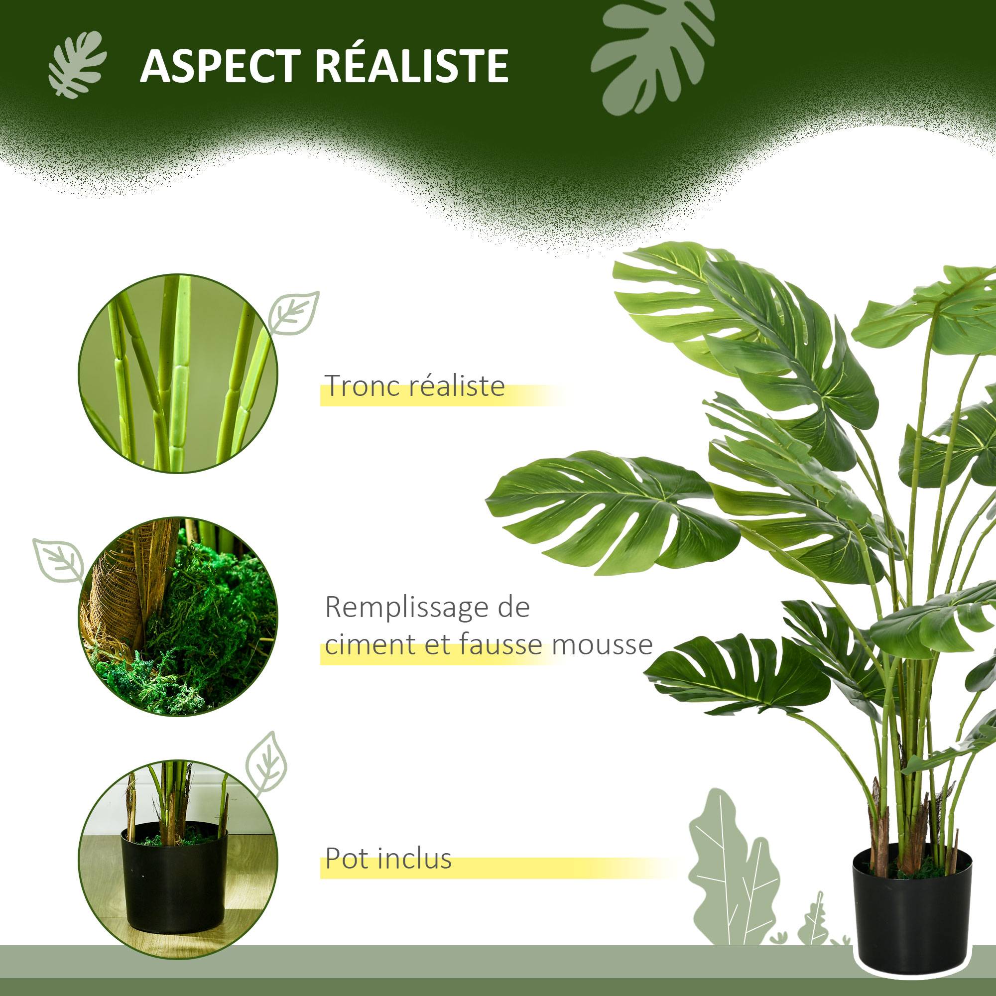 Plante artificielle arbre artificiel monstera deliciosa avec pot inclus hauteur 120 cm intérieure vert - Image 7