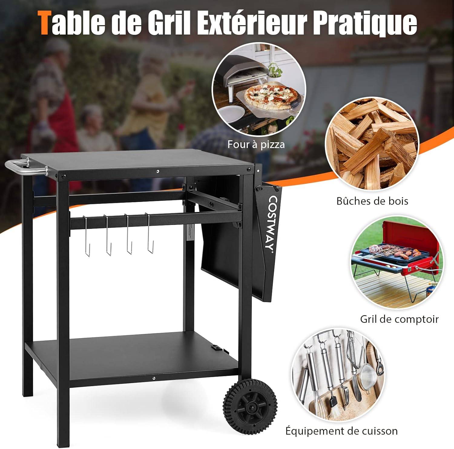 PIZZELLO Chariot de jardin 2 couches pour étagère pliable d'extérieur Table de travail Extérieur Cuisine Four à pizza Chariot avec poignée, roues et crochets