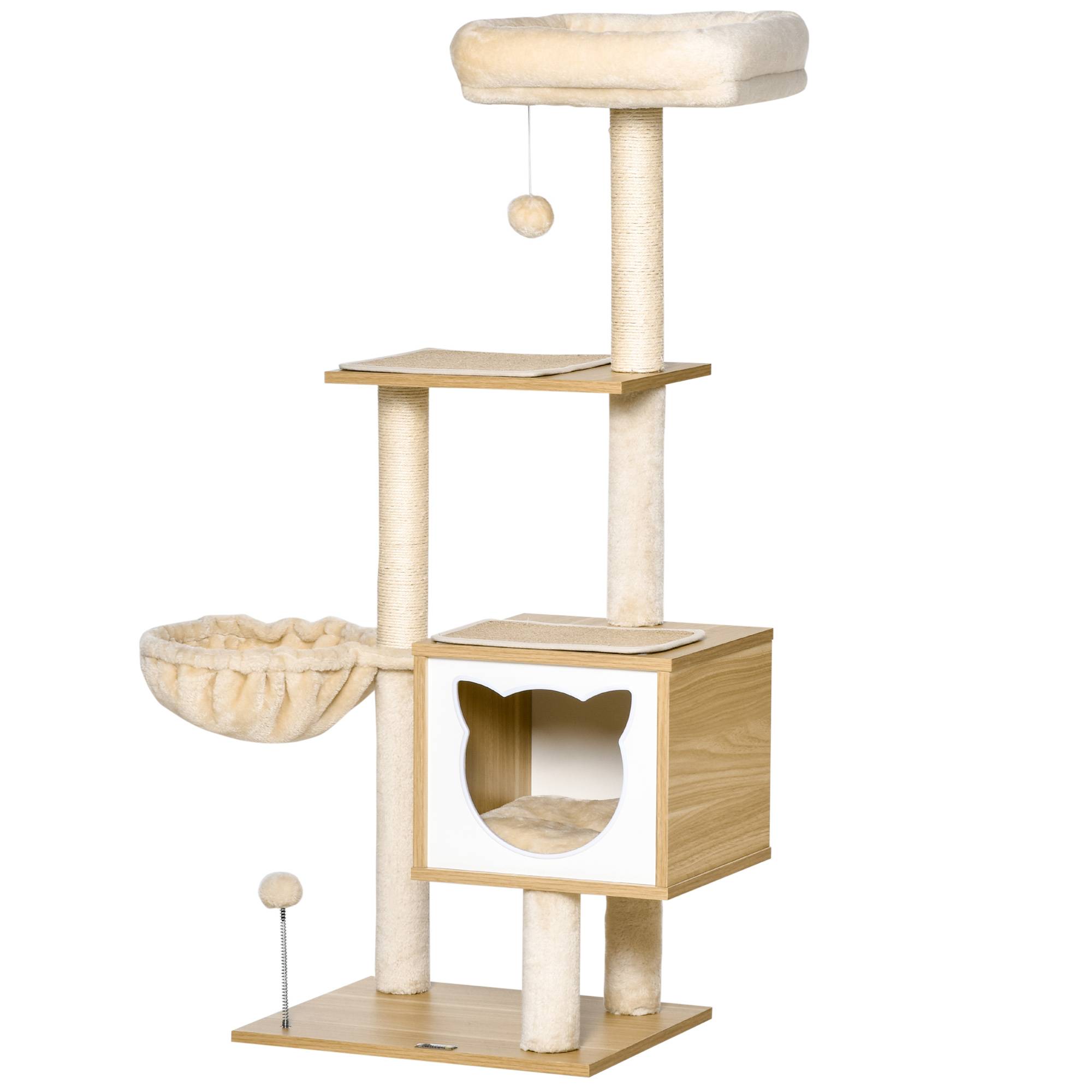 Arbre à Chat Multi-Niveaux Beige 126 cm Tour avec Niche Hamac et Poteaux Sisal - ComfortXL Outdoor Living - Image 2
