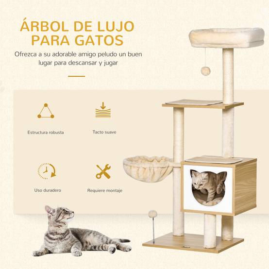 Arbre à Chat Multi-Niveaux Beige 126 cm Tour avec Niche Hamac et Poteaux Sisal - ComfortXL Outdoor Living - Image 6