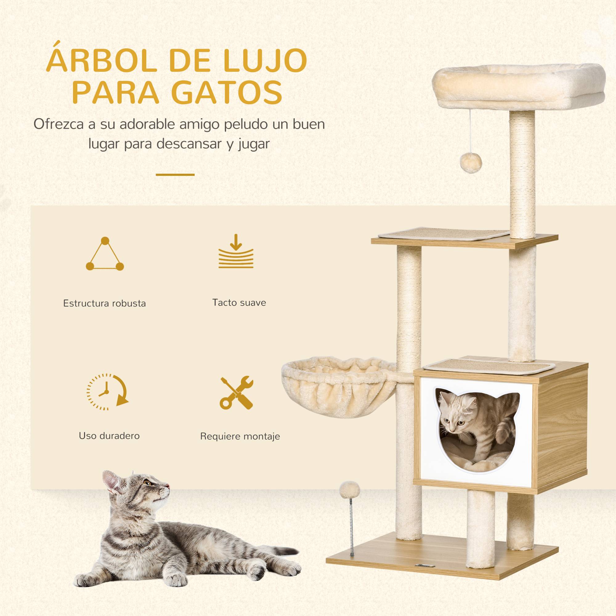 Arbre à Chat Multi-Niveaux Beige 126 cm Tour avec Niche Hamac et Poteaux Sisal - ComfortXL Outdoor Living - Image 6
