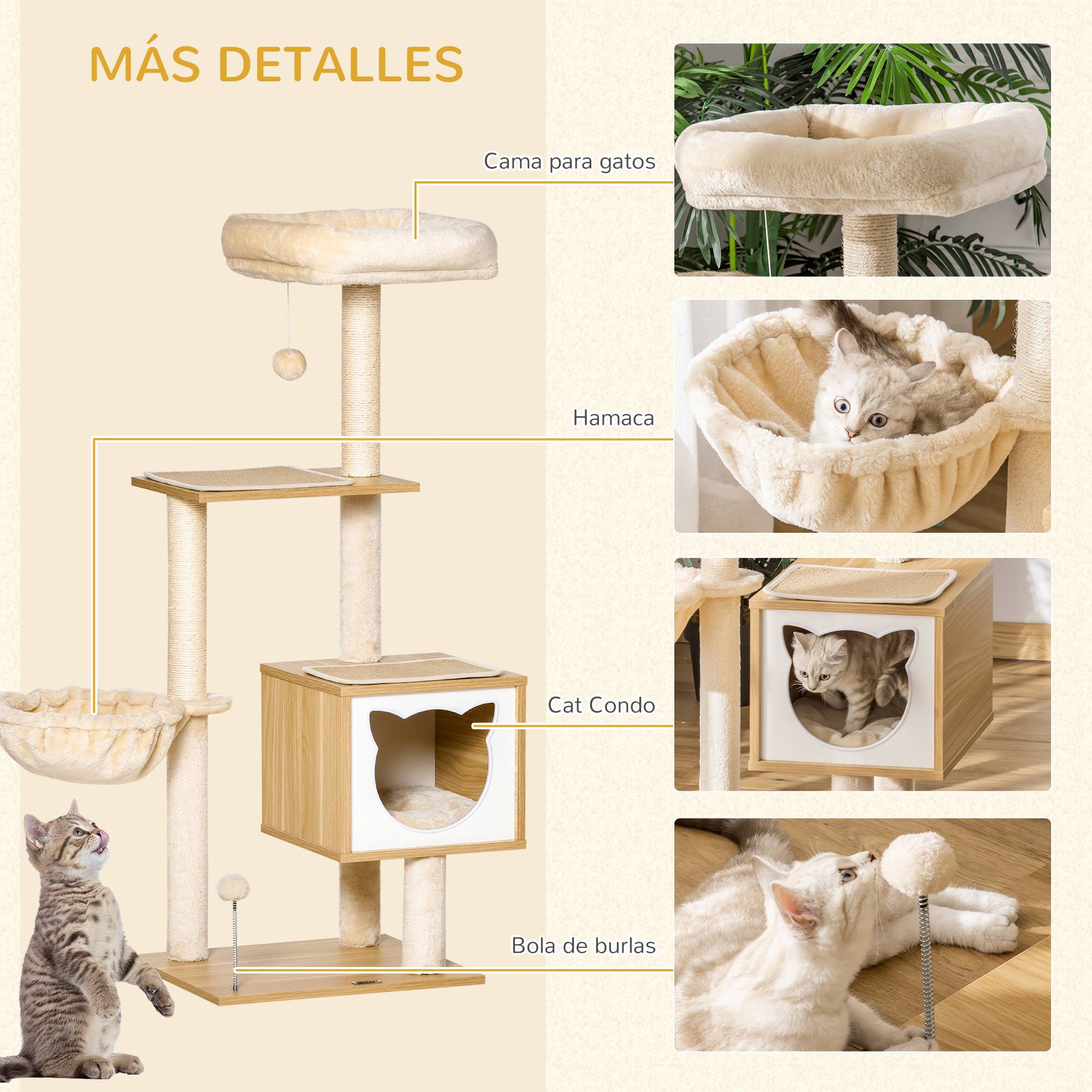 Arbre à Chat Multi-Niveaux Beige 126 cm Tour avec Niche Hamac et Poteaux Sisal - ComfortXL Outdoor Living - Image 7