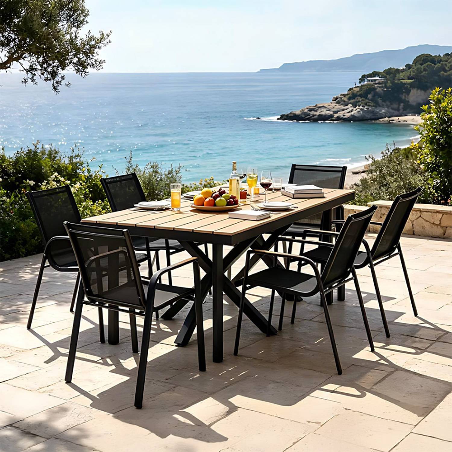Ensemble de jardin table 190cm effet bois + 6 fauteuils ALMADA - Image 5
