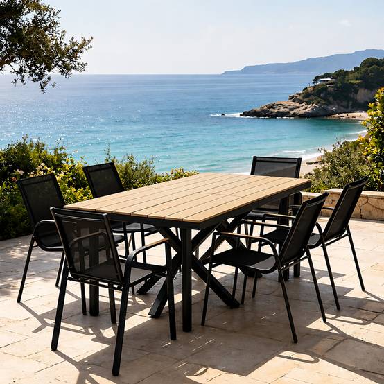 Ensemble de jardin table 190cm effet bois + 6 fauteuils ALMADA - Image 2