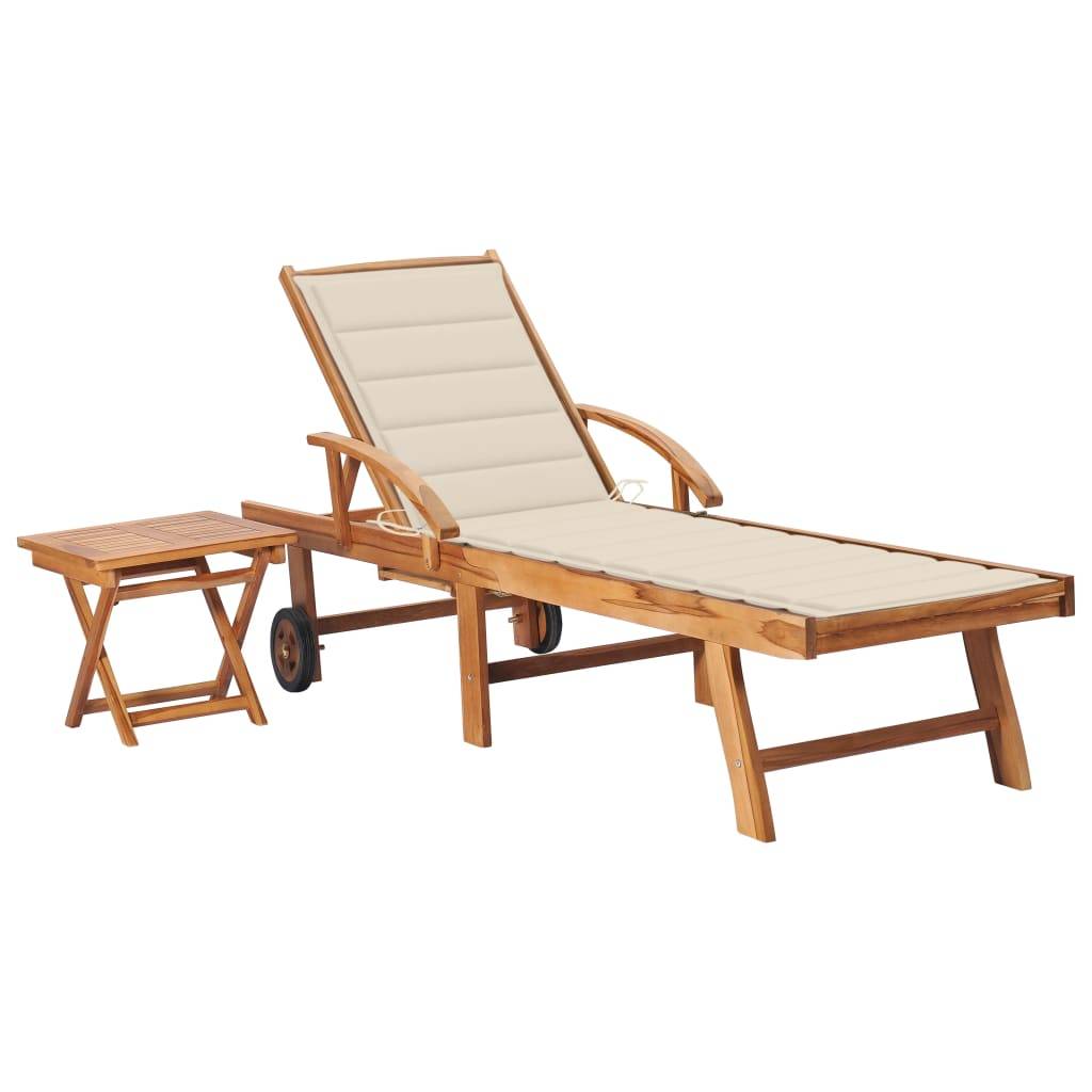 Helloshop26 - Transat chaise longue bain de soleil lit de jardin terrasse meuble d'extérieur avec table et coussin bois de teck solide - Imagen 1