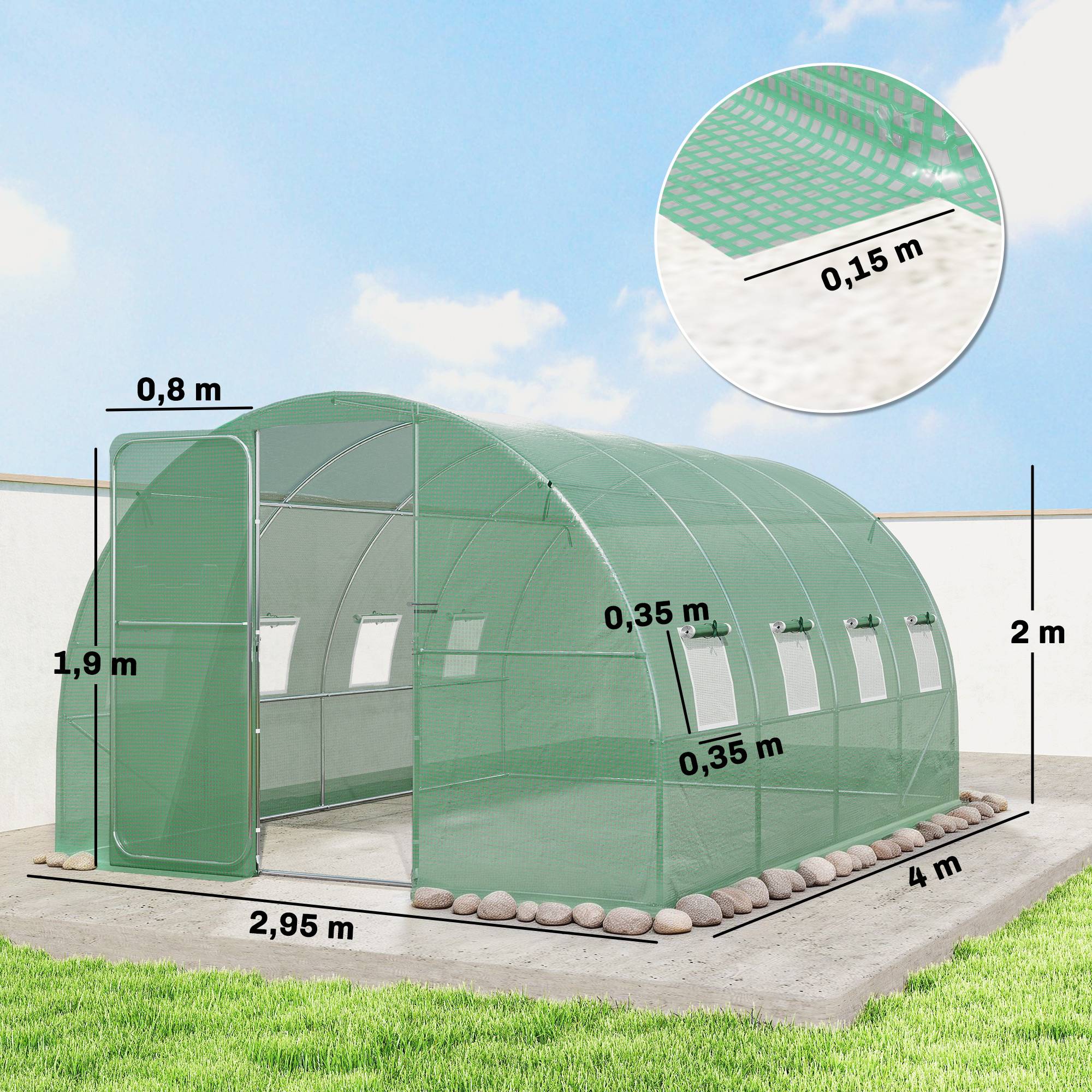 Sans Marque - Serre tunnel de jardin 12m², serre de jardin tunnel 295x400x200cm porte et 8 fenêtres, bâche PE 140 g/m² vert - Image 5