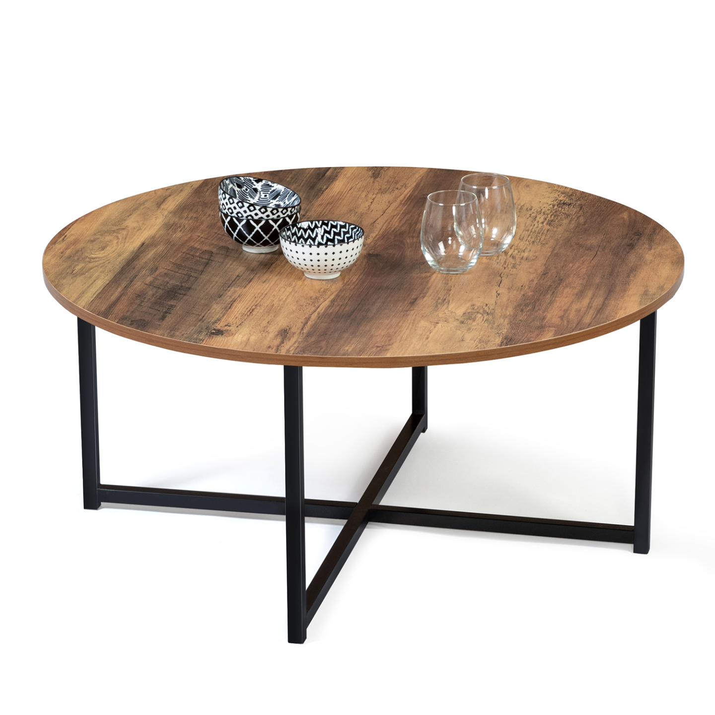 Table basse ronde HAWKINS 80 cm bois foncé design industriel - Image 2