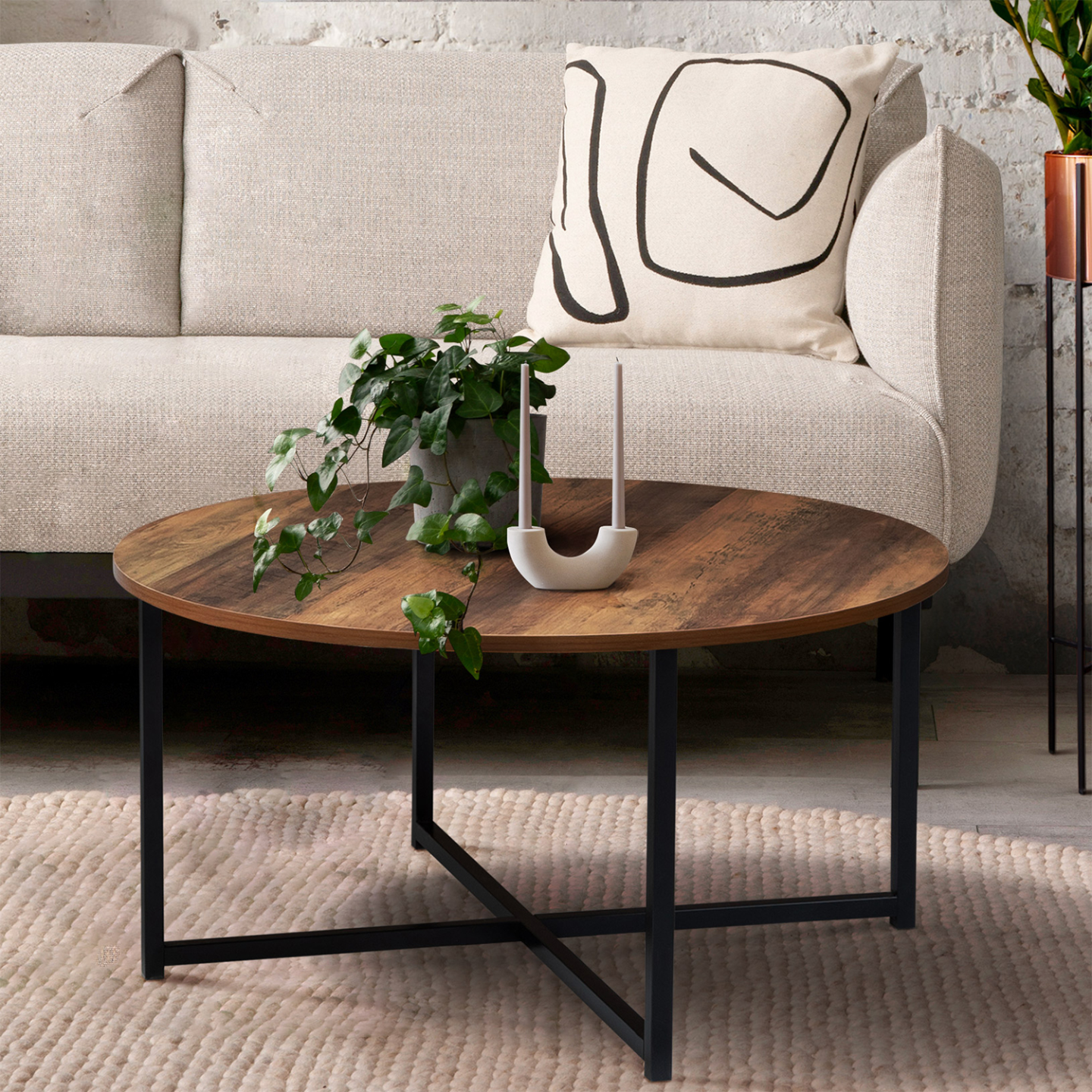 Table basse ronde HAWKINS 80 cm bois foncé design industriel - Image 1