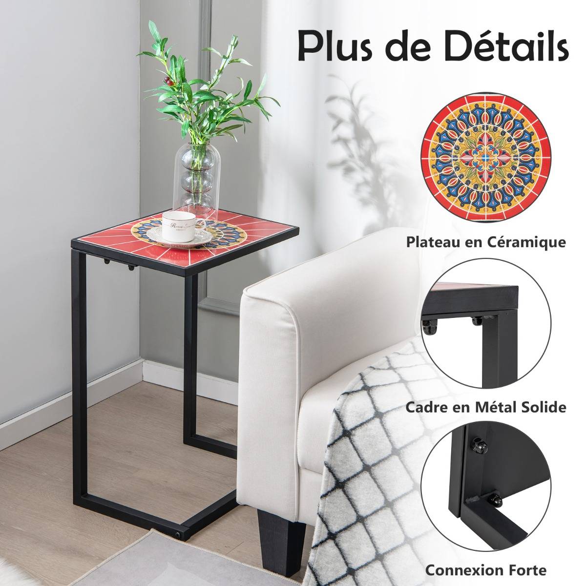 Table d'Appoint Extérieure Plateau en Céramique Petite Table Basse en Métal Antirouille Imperméable Charge 50KG pour Terrasse Balcon - Image 6