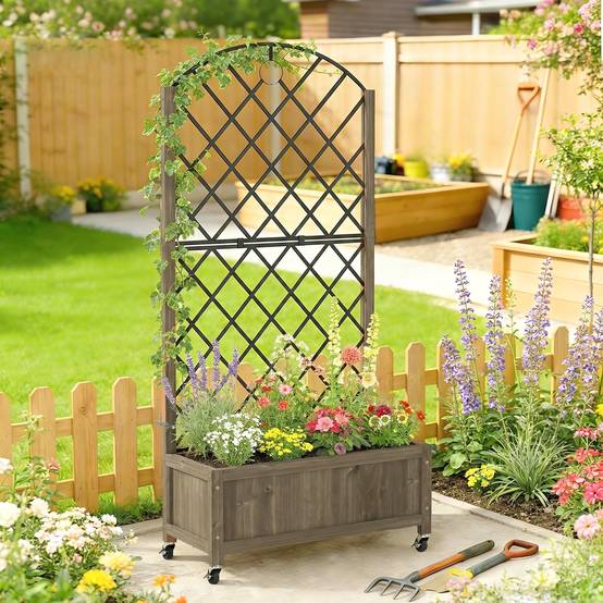 Jardinière bois avec treillis métal et roues pour grimpantes surélevée 72x36x168 cm carbonisé - Image 3