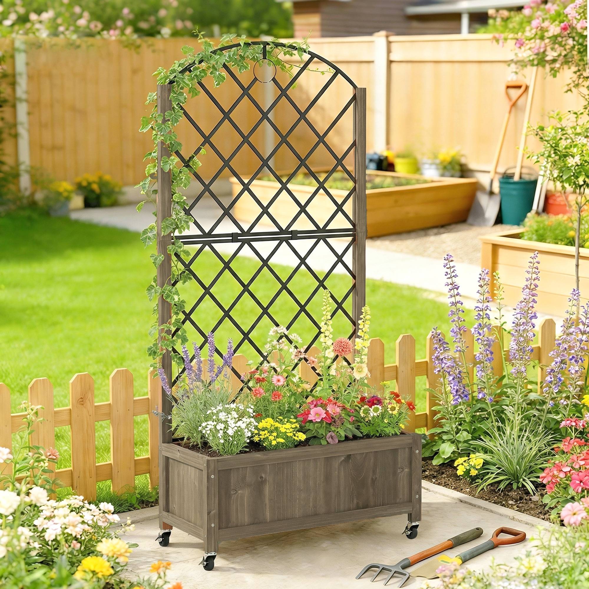 Jardinière bois avec treillis métal et roues pour grimpantes surélevée 72x36x168 cm carbonisé - Image 3