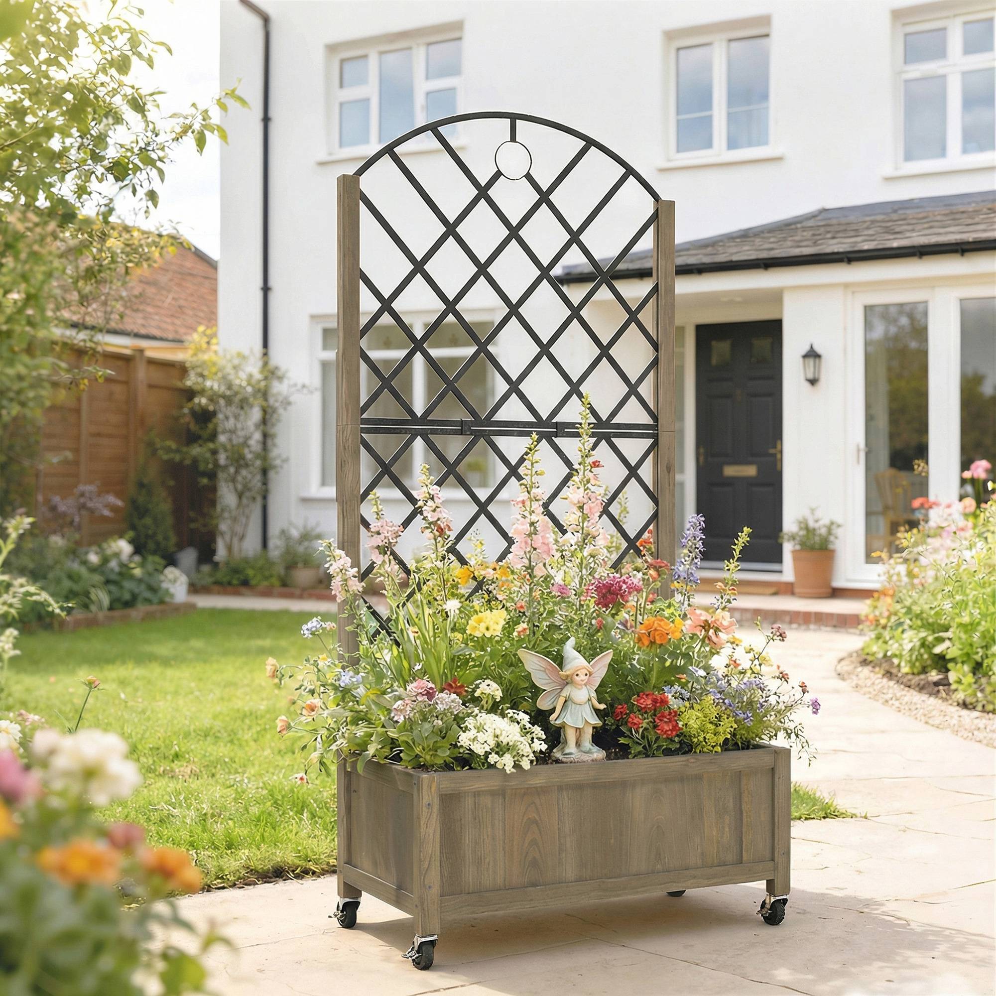 Jardinière bois avec treillis métal et roues pour grimpantes surélevée 72x36x168 cm carbonisé - Image 4