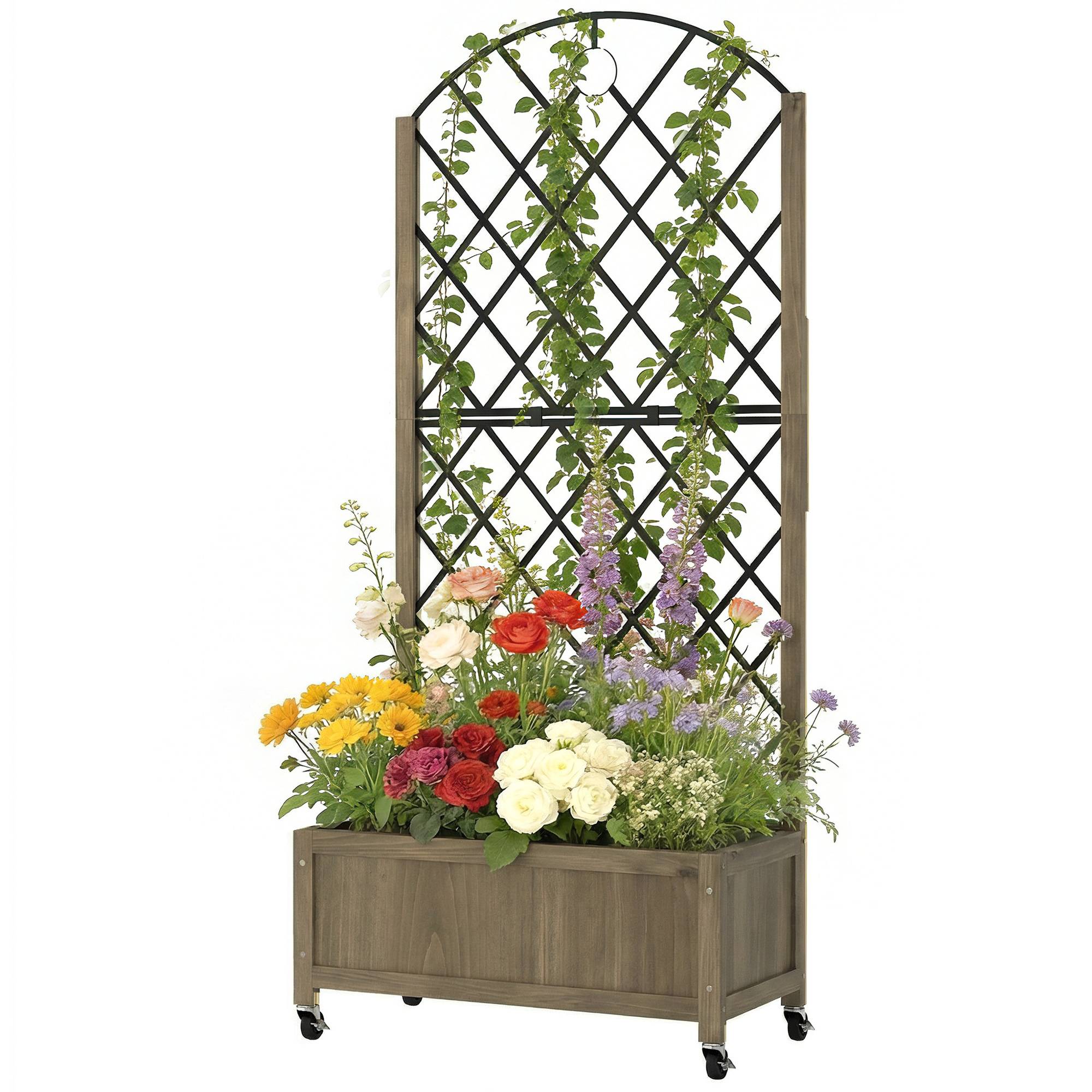 Jardinière bois avec treillis métal et roues pour grimpantes surélevée 72x36x168 cm carbonisé - Image 2
