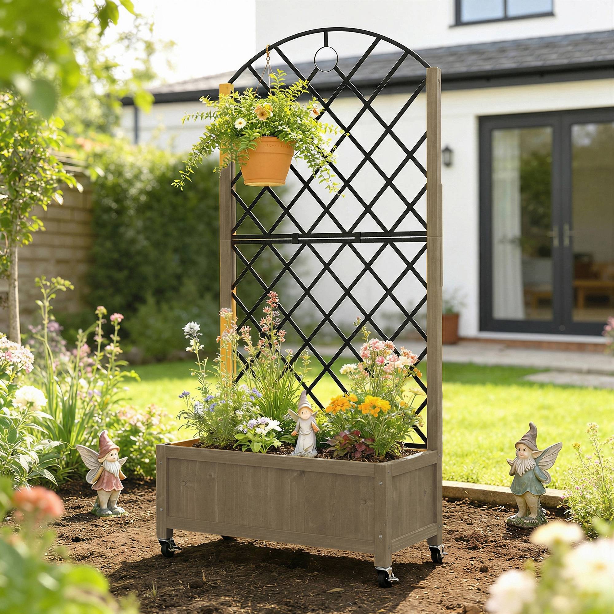Jardinière bois avec treillis métal et roues pour grimpantes surélevée 72x36x168 cm carbonisé - Image 10