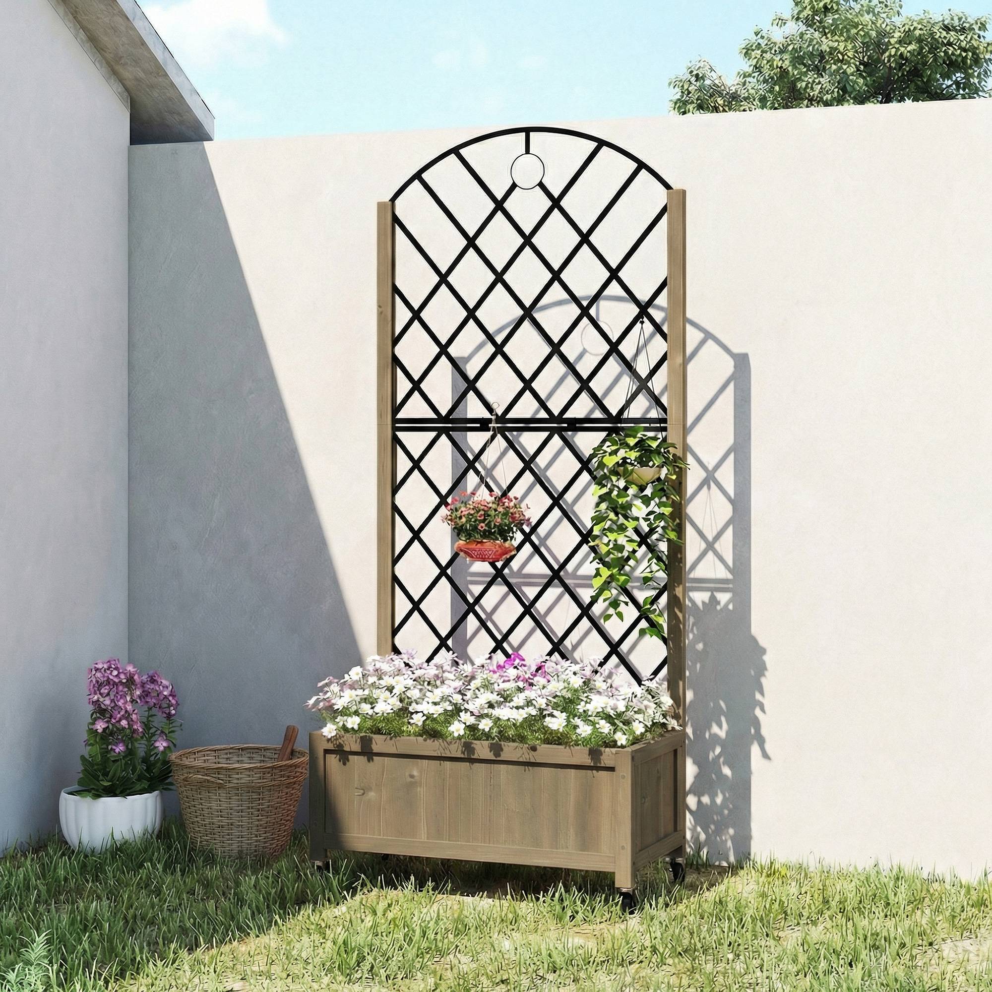 Jardinière bois avec treillis métal et roues pour grimpantes surélevée 72x36x168 cm carbonisé - Image 9