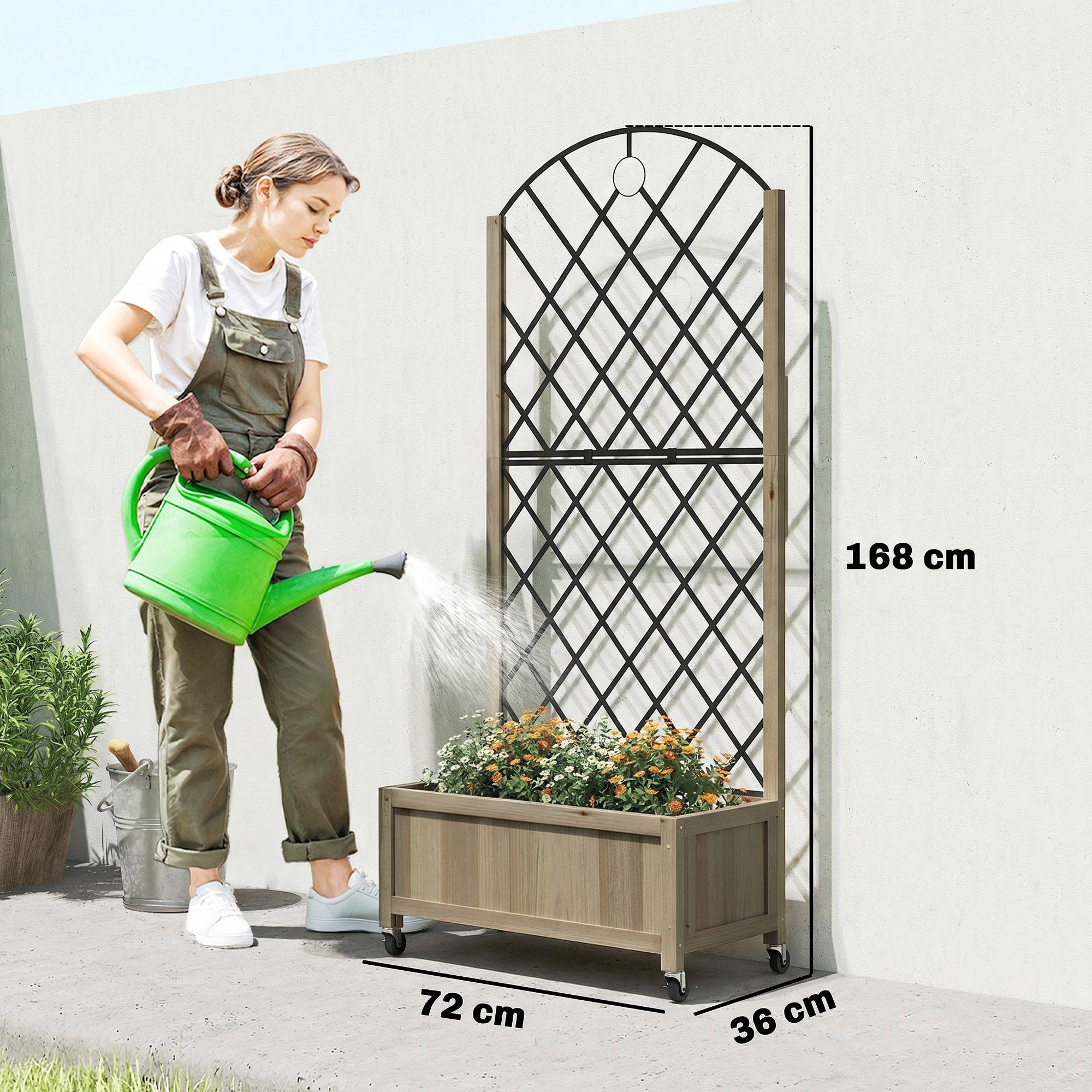 Jardinière bois avec treillis métal et roues pour grimpantes surélevée 72x36x168 cm carbonisé - Image 5