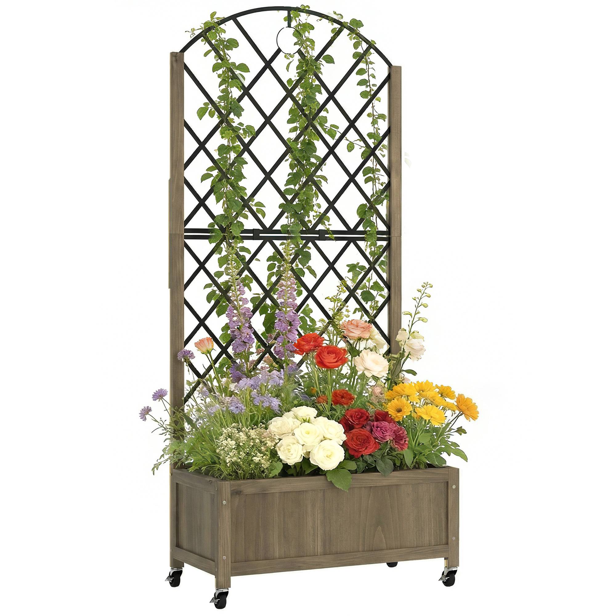 Jardinière bois avec treillis métal et roues pour grimpantes surélevée 72x36x168 cm carbonisé - Image 1