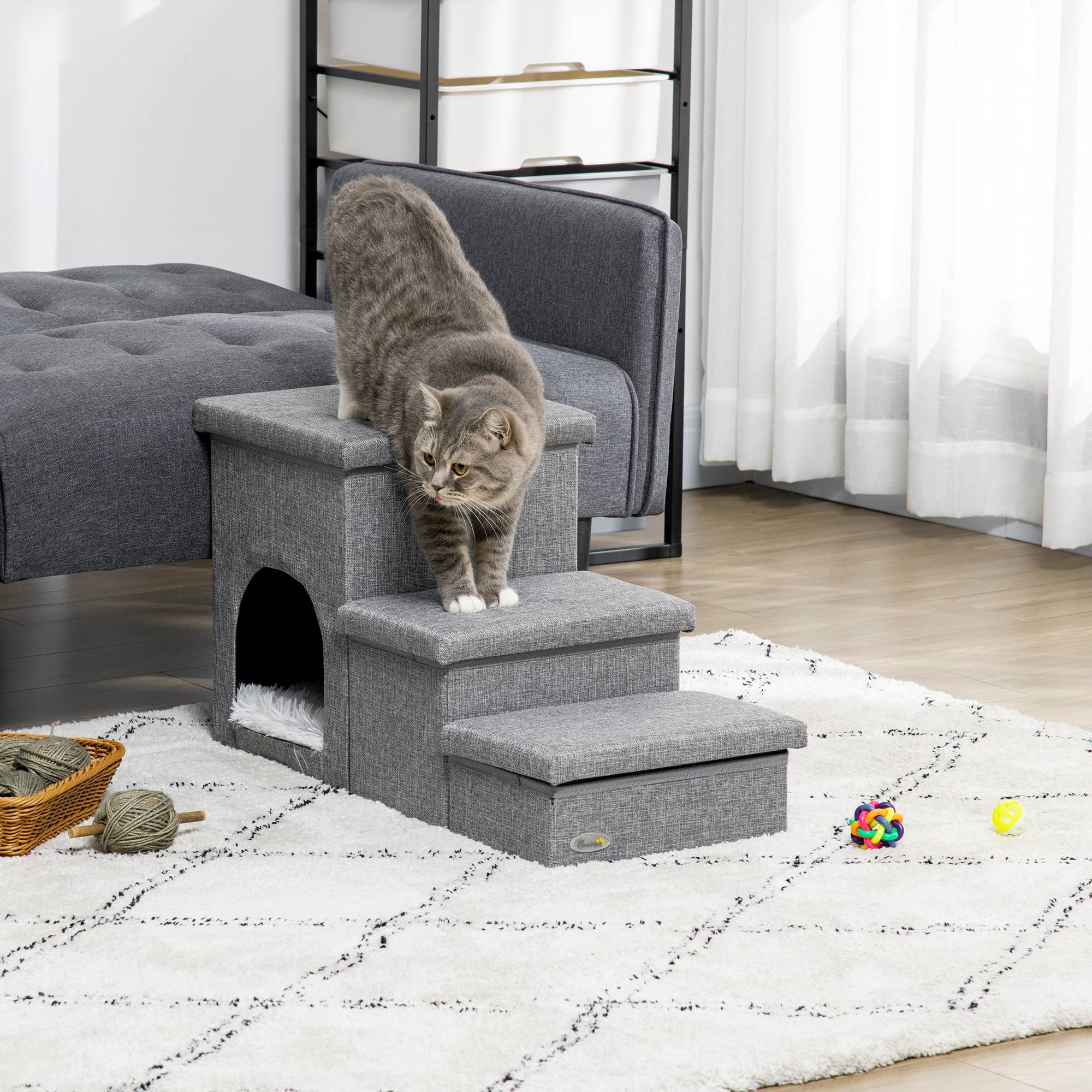 Sans Marque - Escalier pour chien, 3 marches, 40,5 cm, niche, coussin, rangement, petits chiens/chats, rampe, lit, canapé, voiture, gris clair - Image 3
