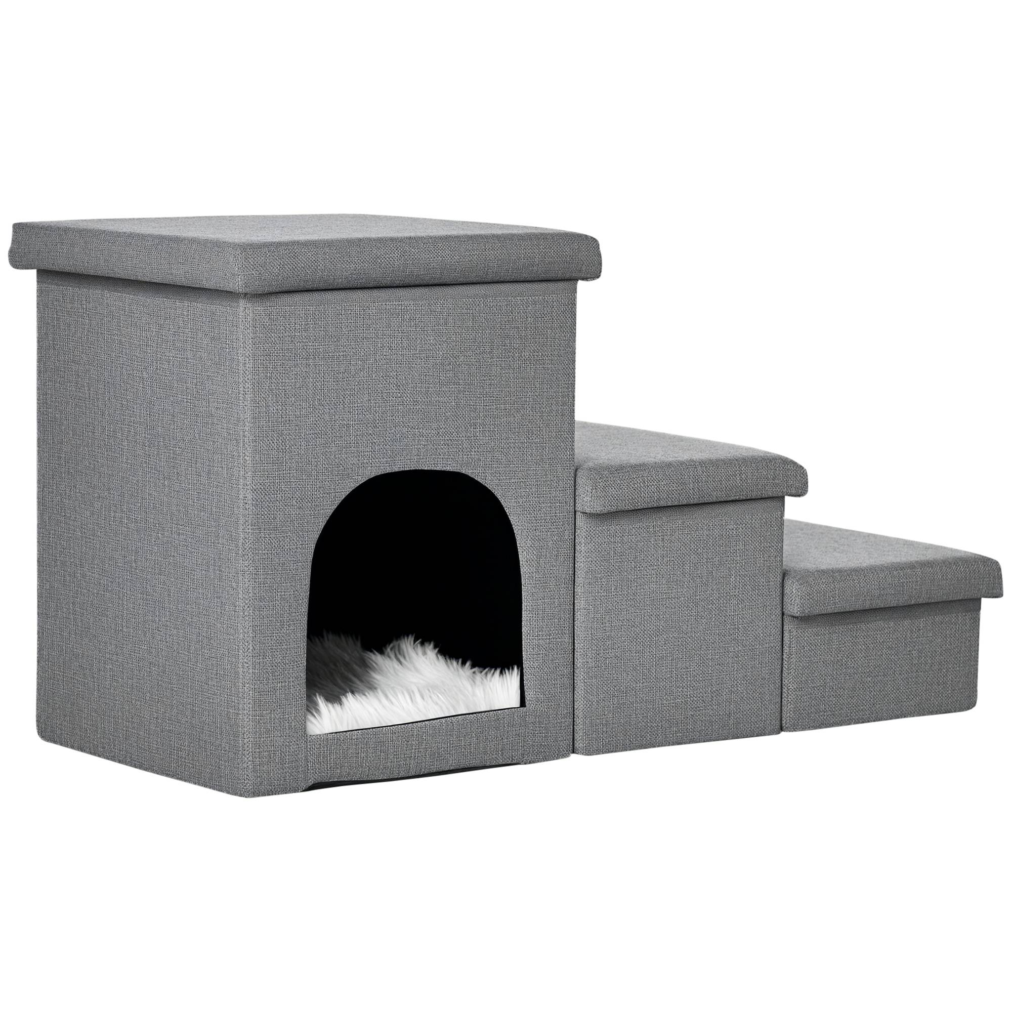 Sans Marque - Escalier pour chien, 3 marches, 40,5 cm, niche, coussin, rangement, petits chiens/chats, rampe, lit, canapé, voiture, gris clair - Image 1