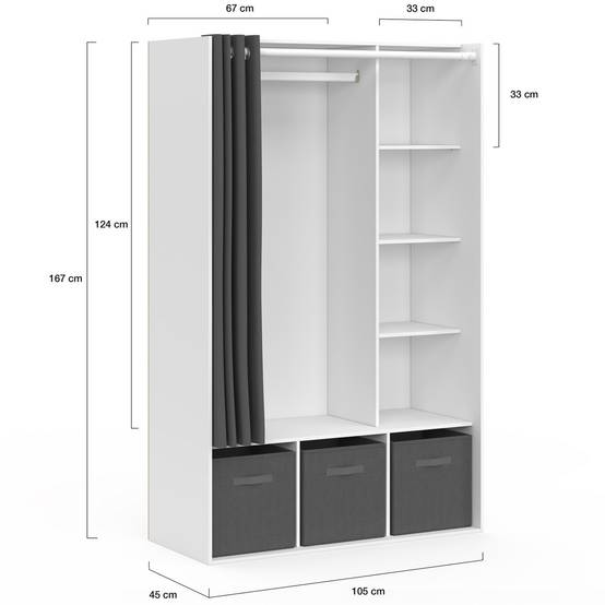 Dressing penderie DIANE 105 x 45 x 167 cm blanc avec étagères + boites de rangement + rideau gris - Image 4