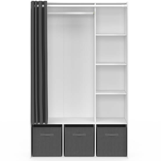 Dressing penderie DIANE 105 x 45 x 167 cm blanc avec étagères + boites de rangement + rideau gris - Image 3