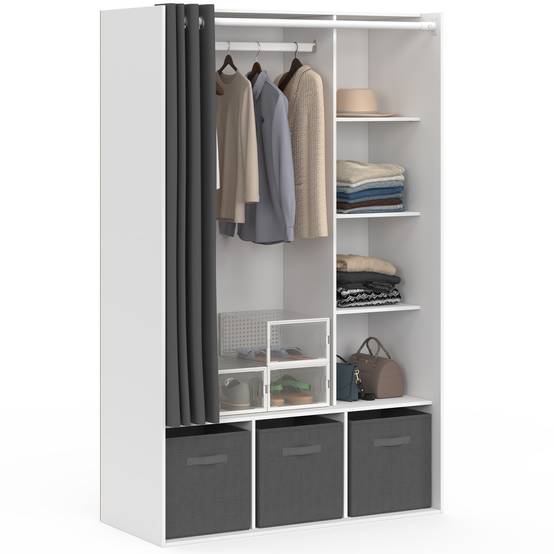 Dressing penderie DIANE 105 x 45 x 167 cm blanc avec étagères + boites de rangement + rideau gris - Image 2