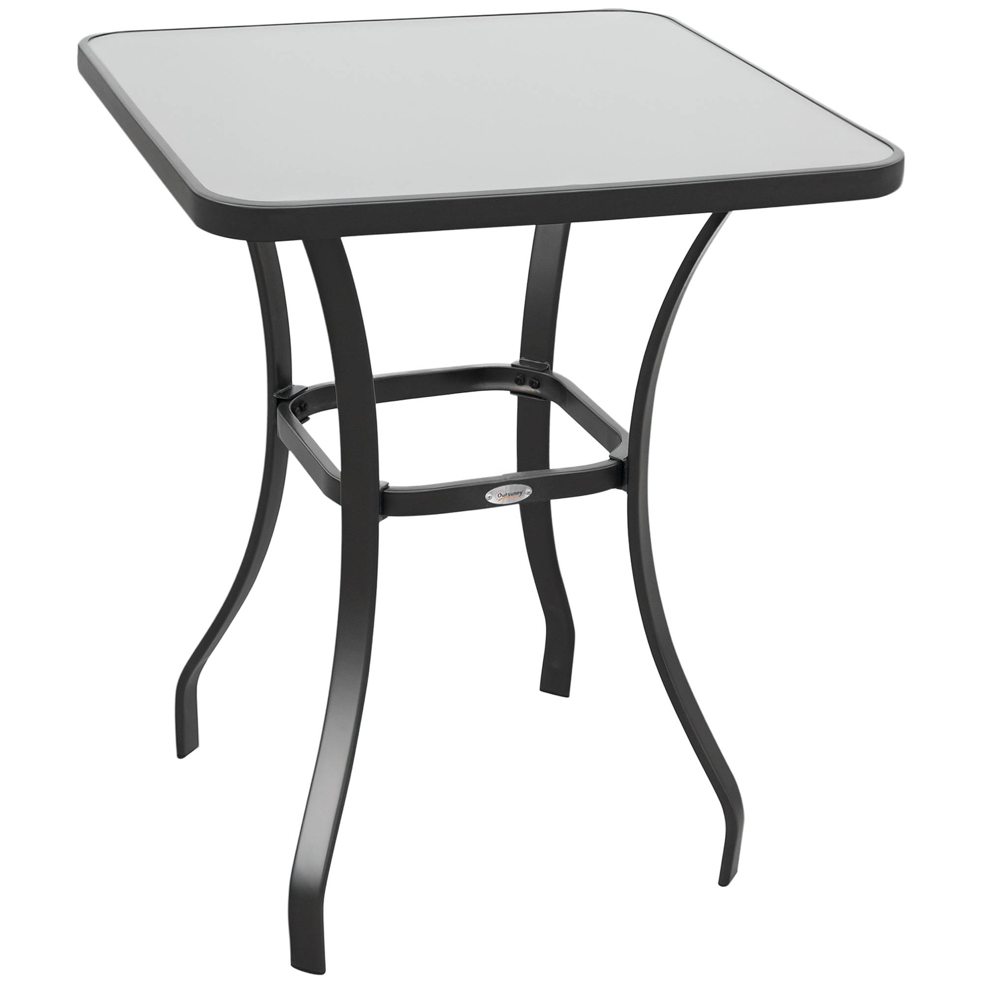 Table bistro de jardin en verre trempé et métal, robuste pour extérieur terrasse balcon, noire 68,5x68,5x84 cm